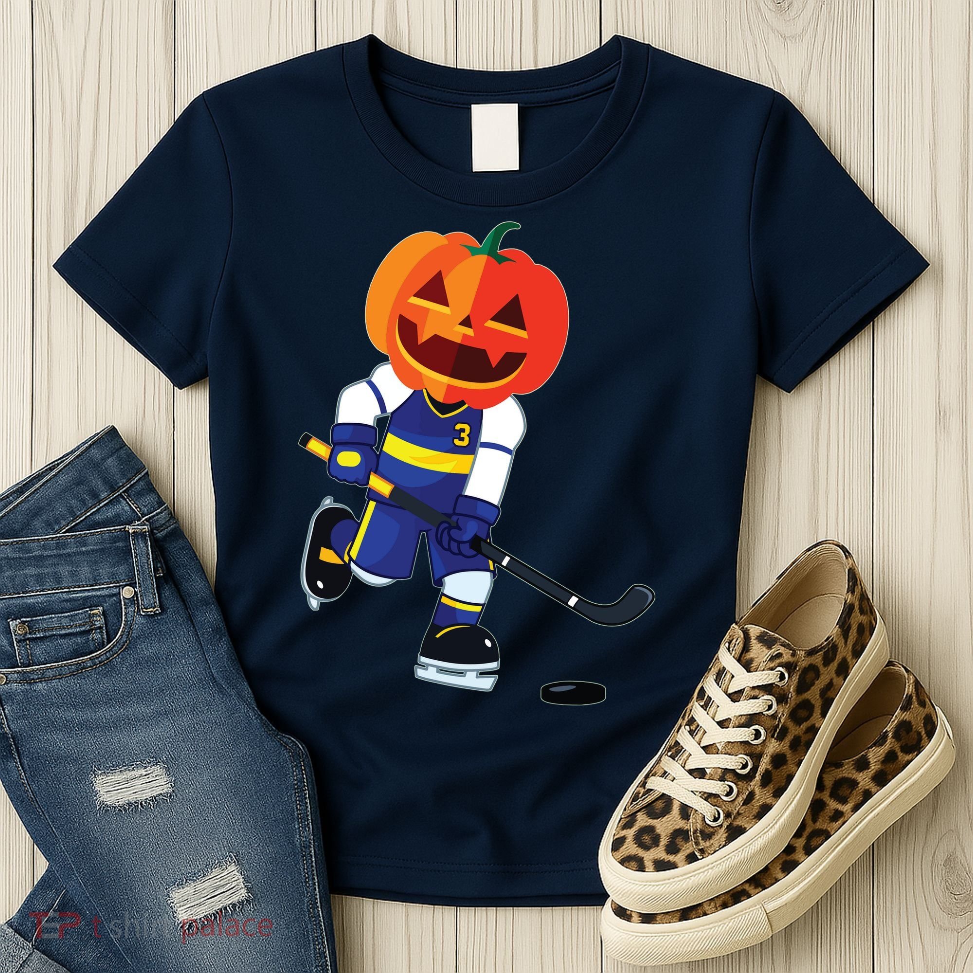 Halloween Ice Hockey Player Pumpkin Head Scary Gift Women's T-Shirt