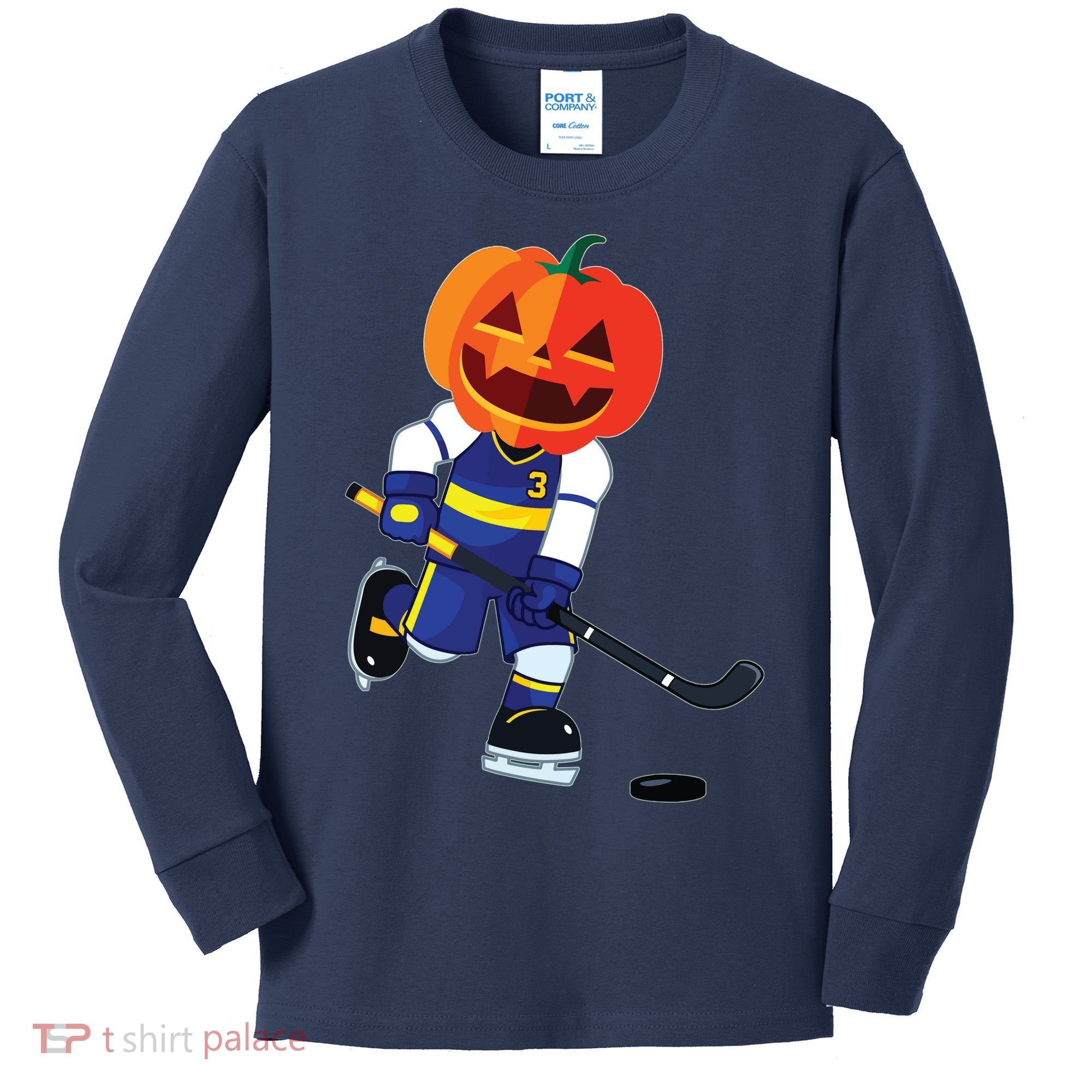 Halloween Ice Hockey Player Pumpkin Head Scary Gift Kids Long Sleeve Shirt