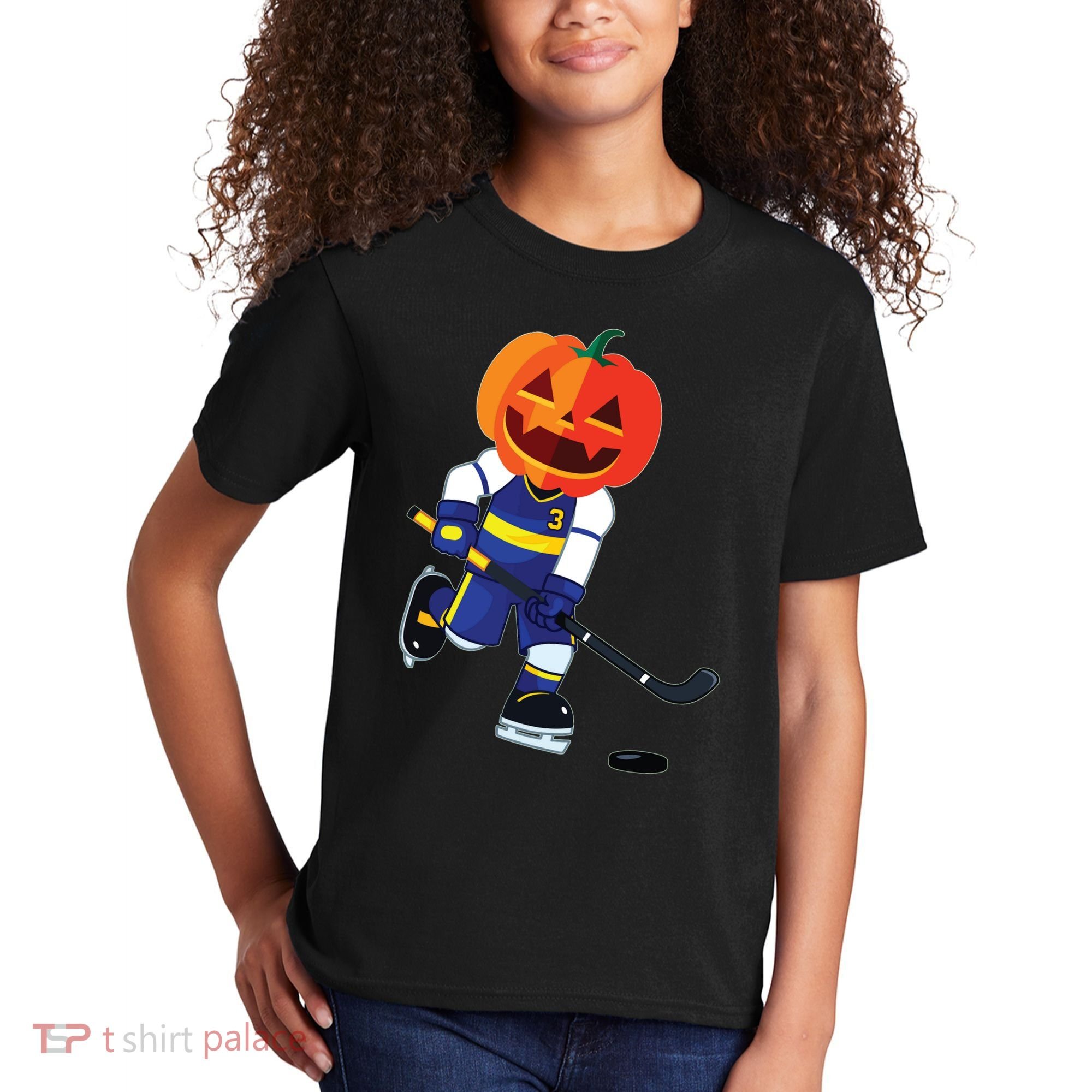 Halloween Ice Hockey Player Pumpkin Head Scary Gift Kids T-Shirt