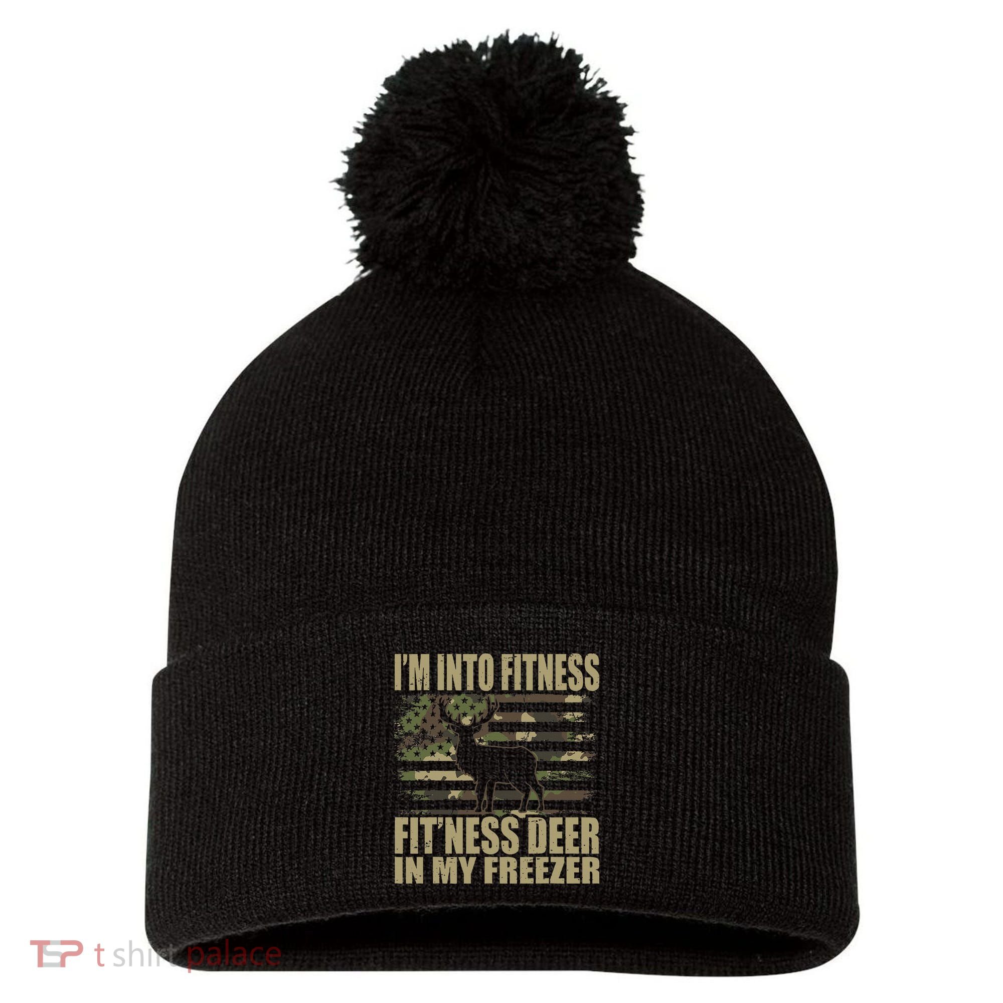 Hunting I'm Into Fitness Fit'ness Deer In My Freezer Pom Pom 12in Knit Beanie