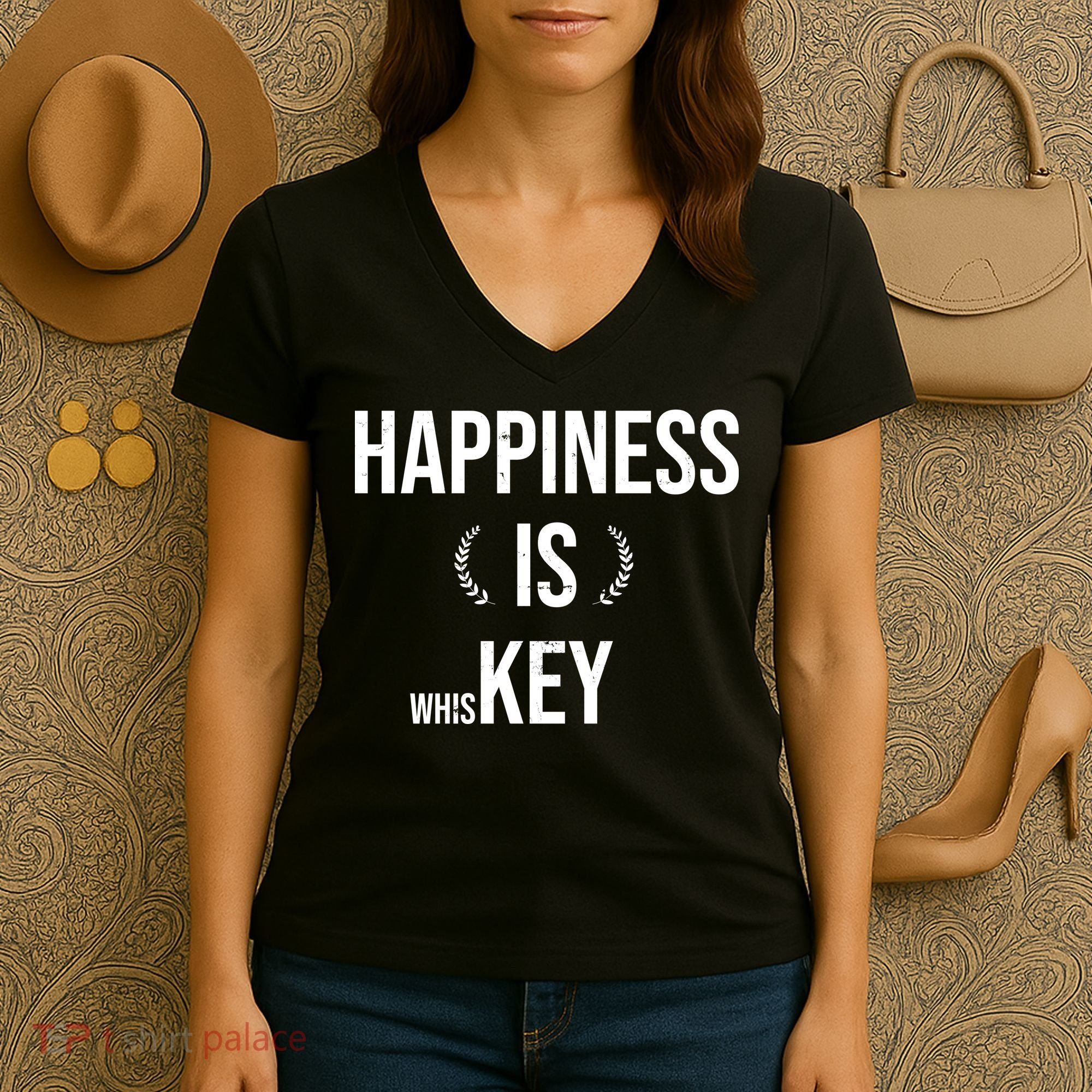 Happiness Is Key (Whiskey) Women's V-Neck T-Shirt