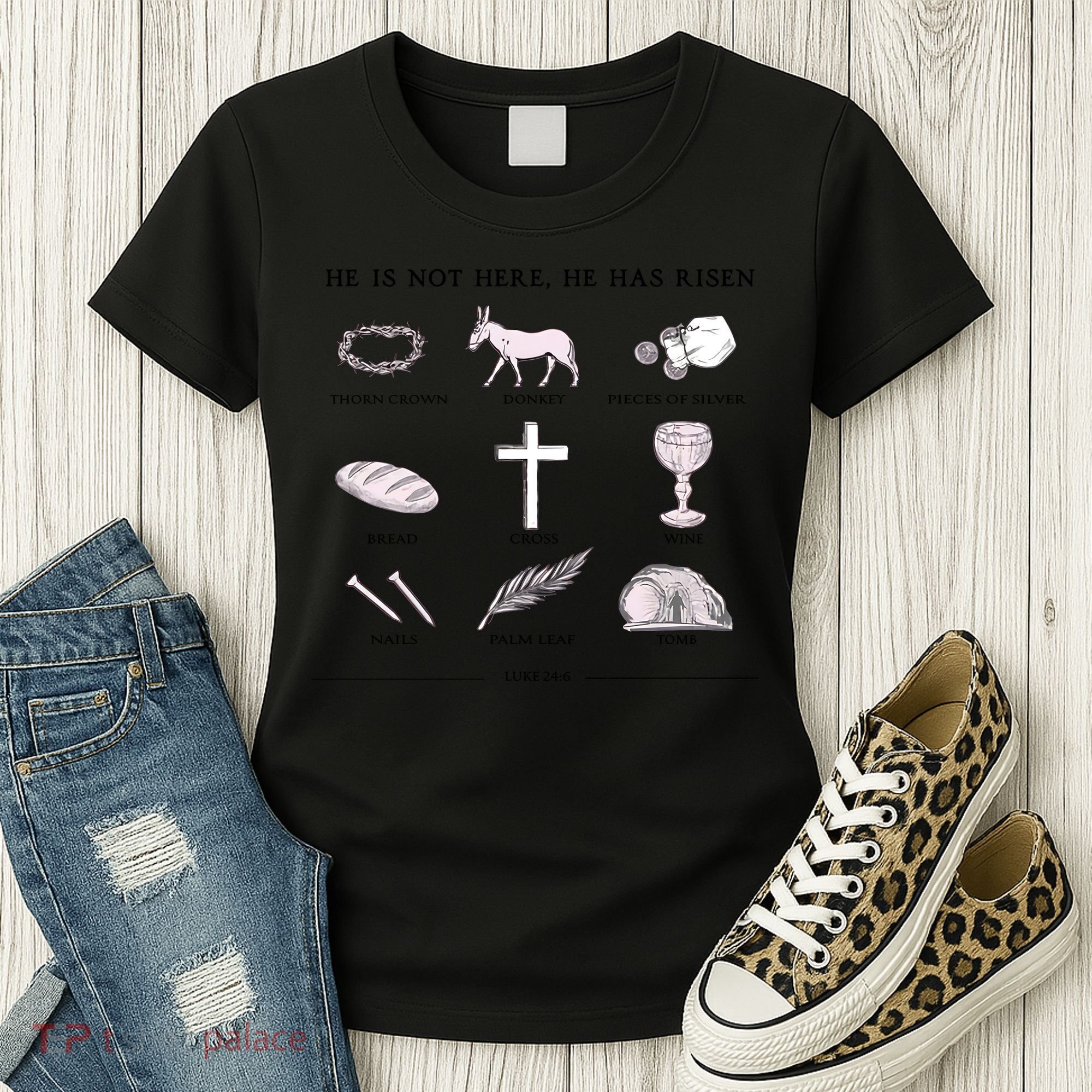 He Is Not Here He Has Risen Christian Jesus Easter Day Family Matching Women's T-Shirt
