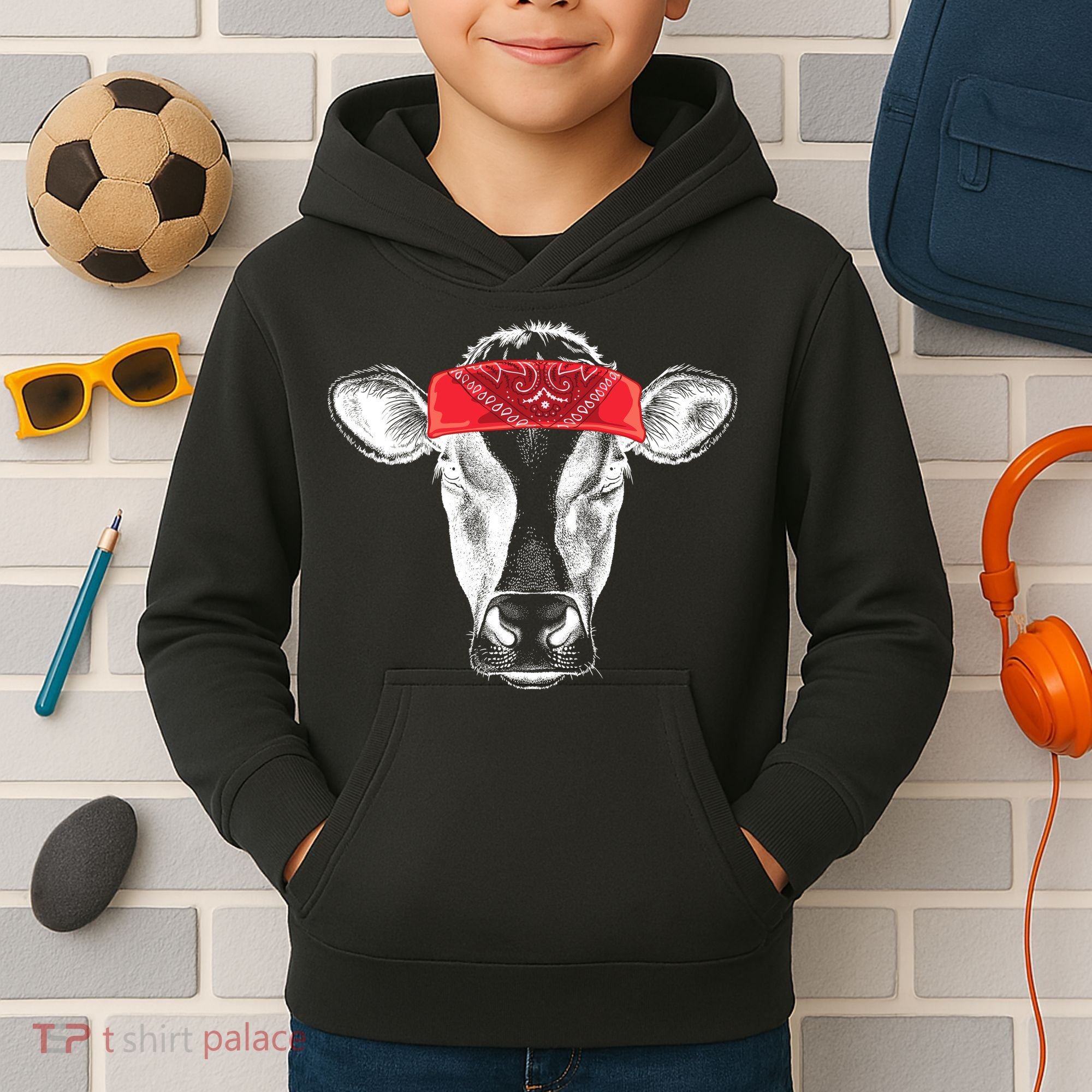 Hippie Cow Red Bandanna  Kids Hoodie