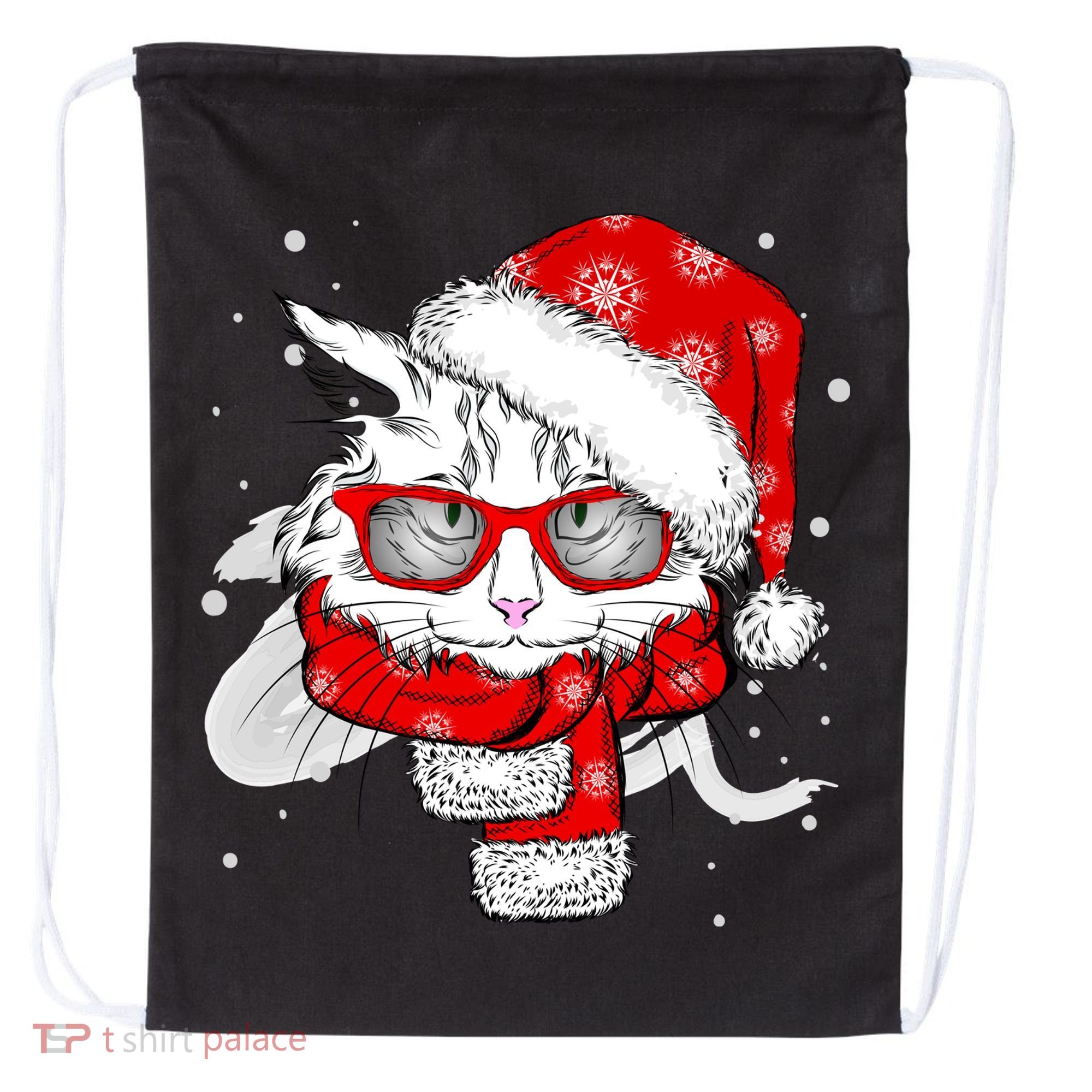 Hipster Christmas Cat Drawstring Bag