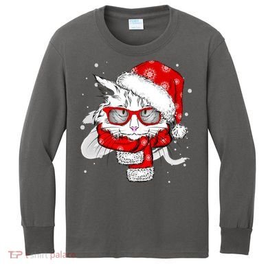 Hipster Christmas Cat Kids Long Sleeve Shirt