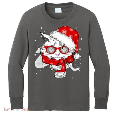 Hipster Christmas Cat Kids Long Sleeve Shirt