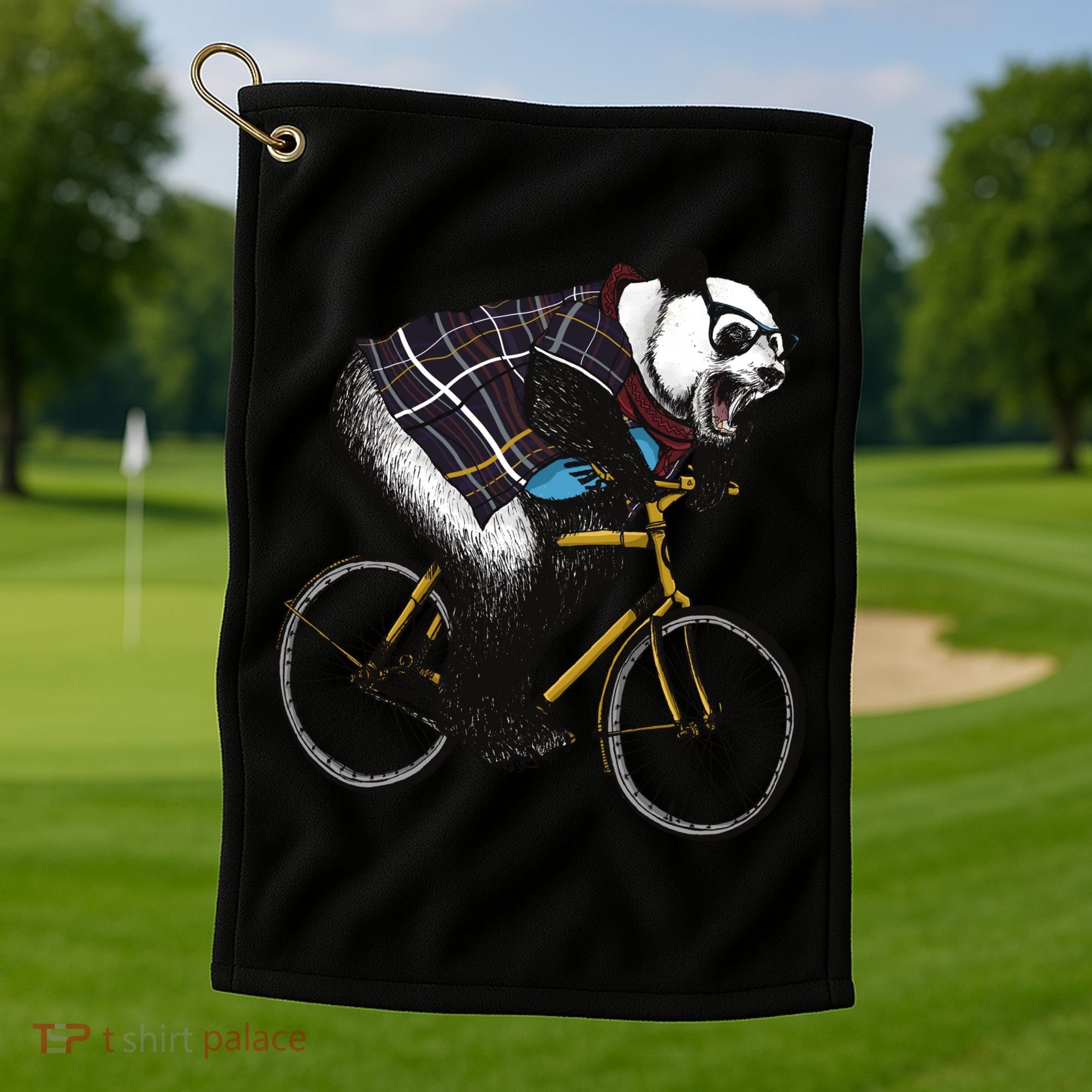 Hipster Panda Riding Bicycle Golf Towel