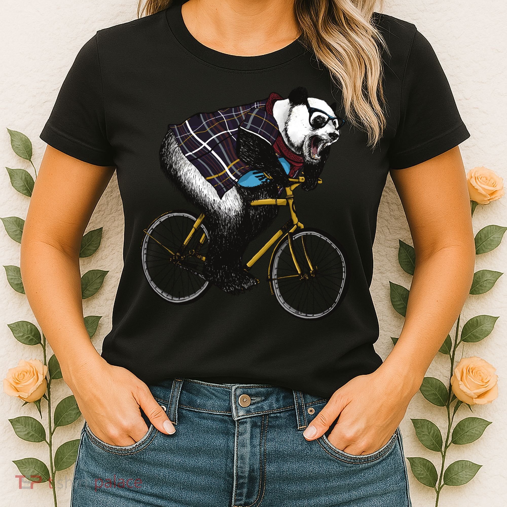 Hipster Panda Riding Bicycle Women's T-Shirt