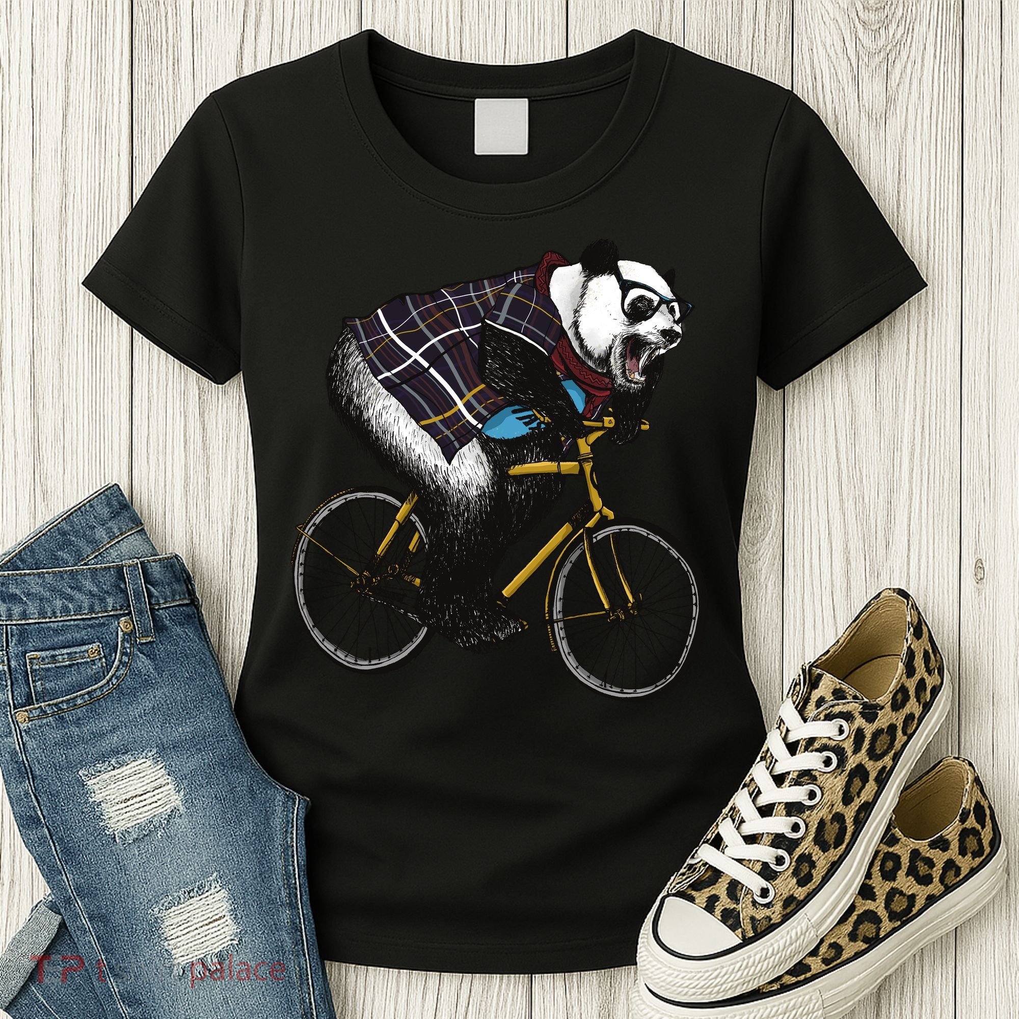 Hipster Panda Riding Bicycle Women's T-Shirt