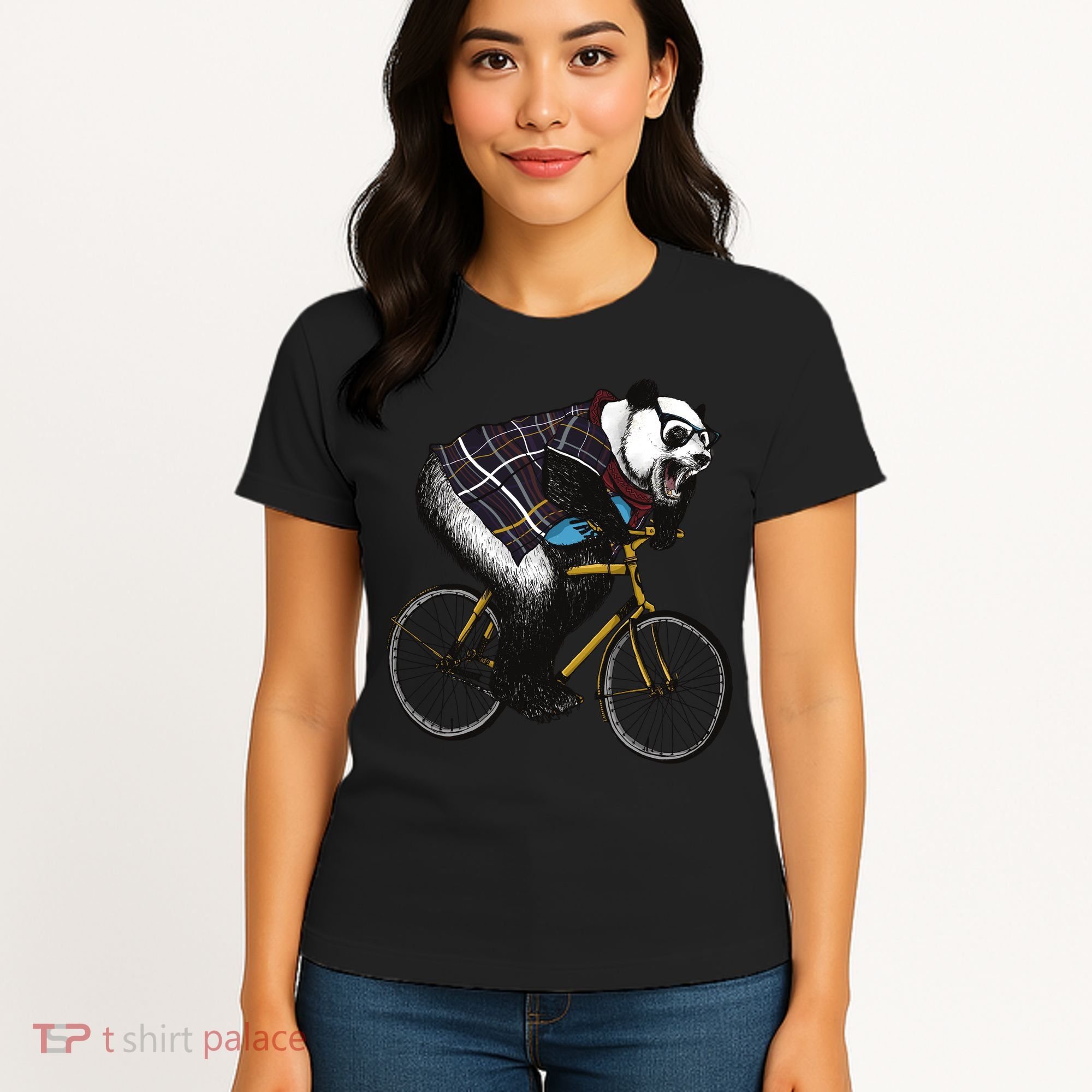 Hipster Panda Riding Bicycle Women's T-Shirt