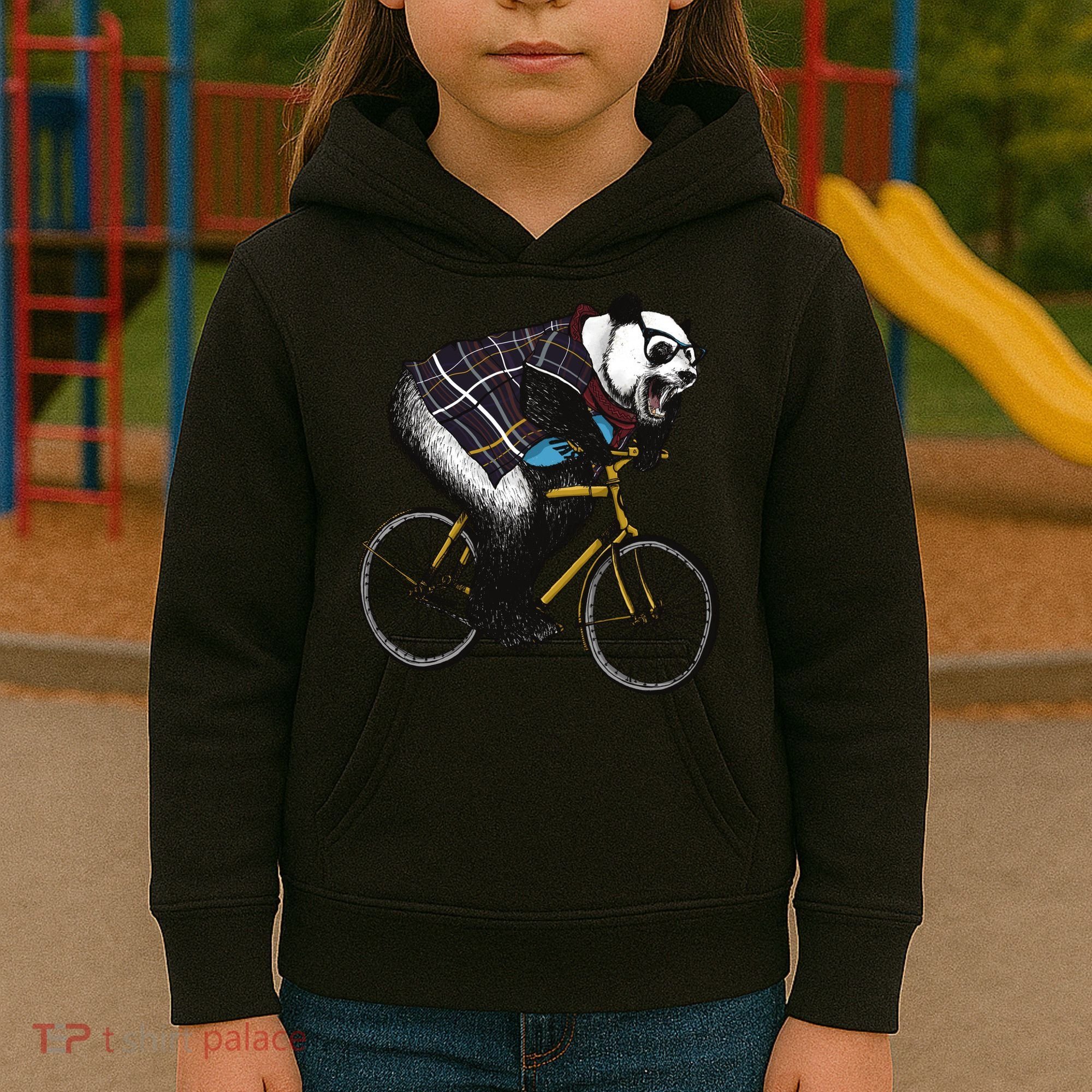 Hipster Panda Riding Bicycle Kids Hoodie