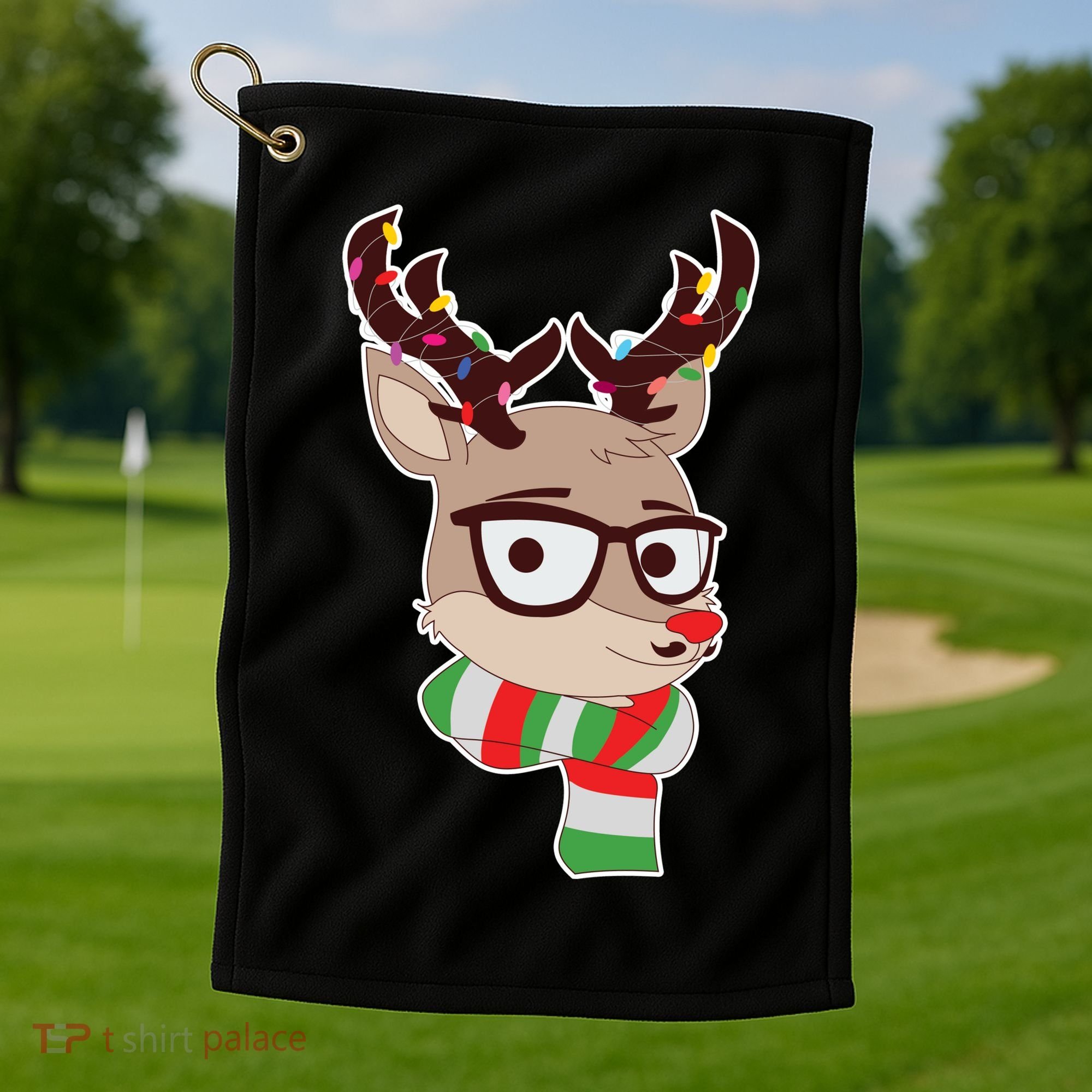 Hipster Red Nose Reindeer Christmas Lights Golf Towel