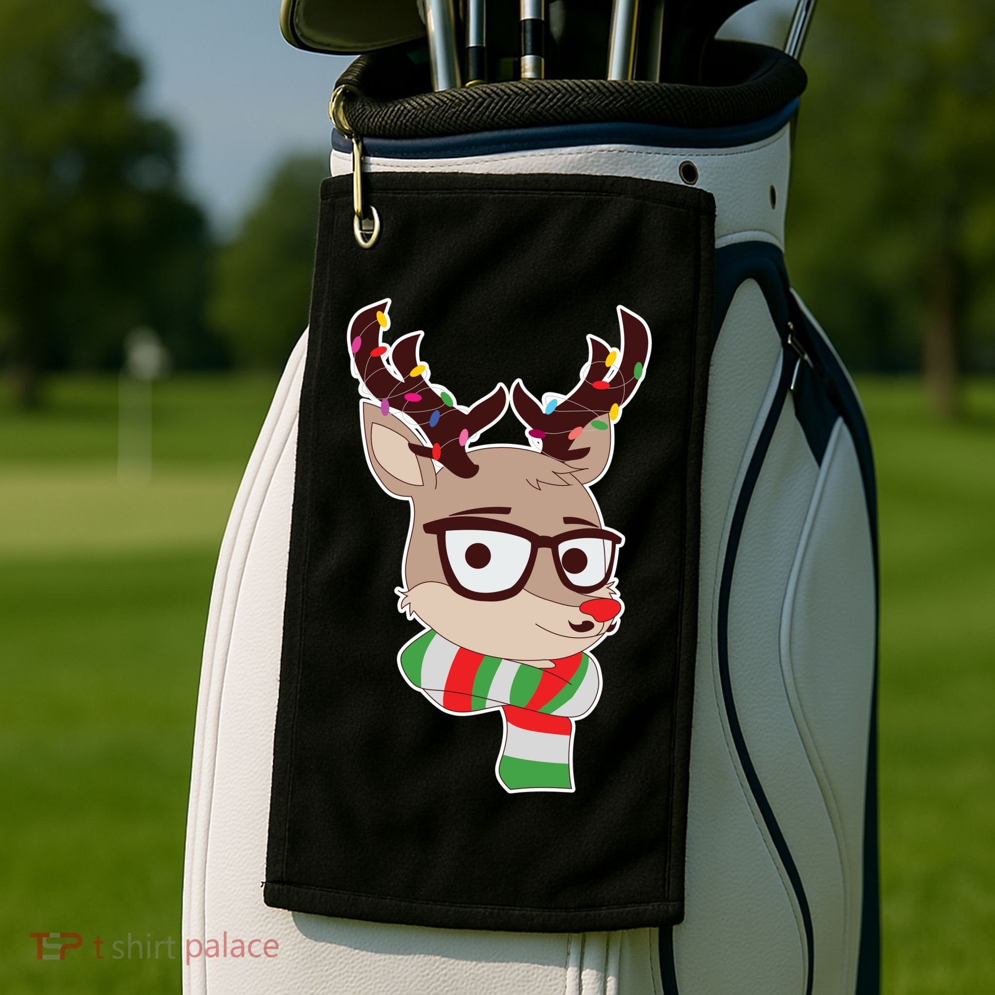 Hipster Red Nose Reindeer Christmas Lights Golf Towel