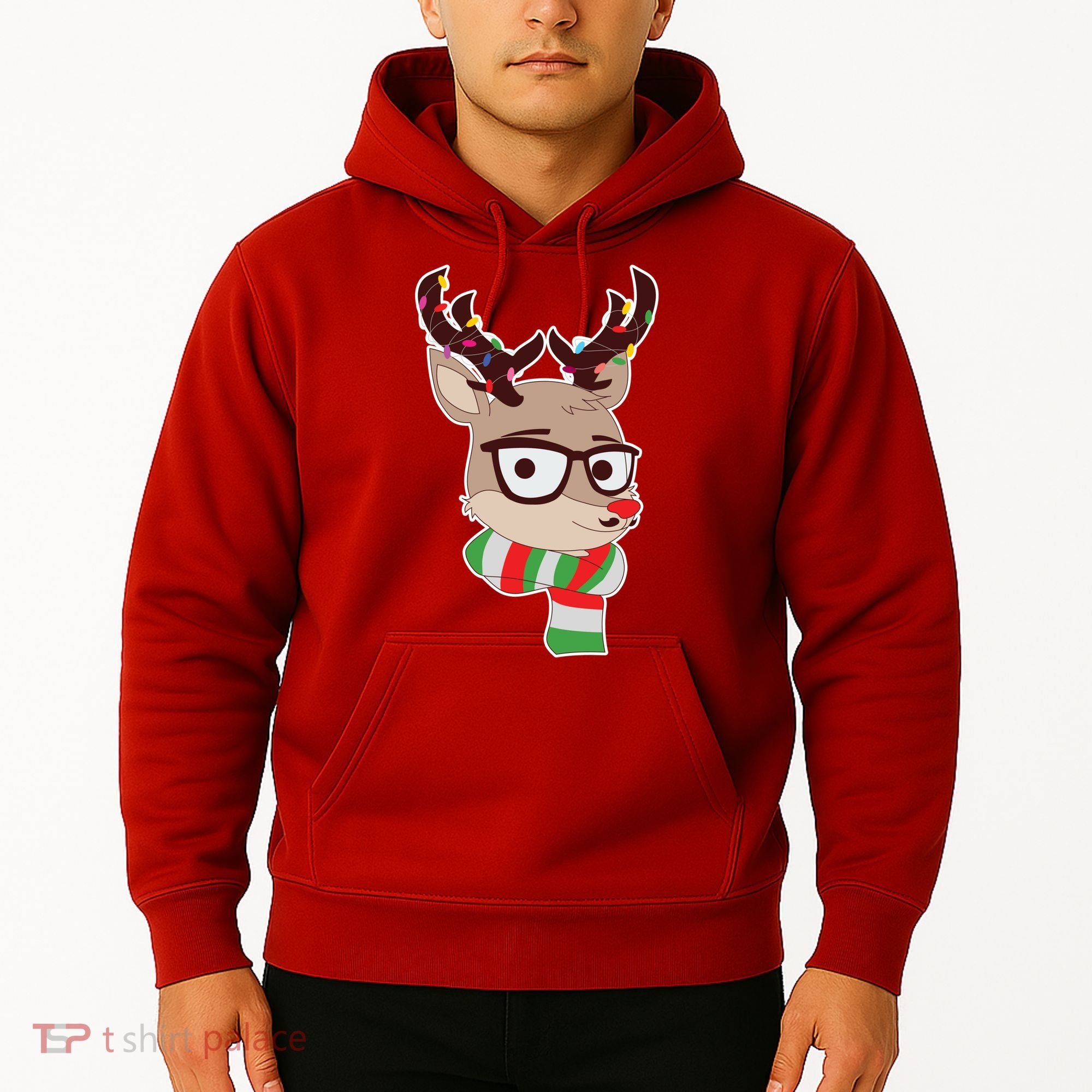 Hipster Red Nose Reindeer Christmas Lights Hoodie