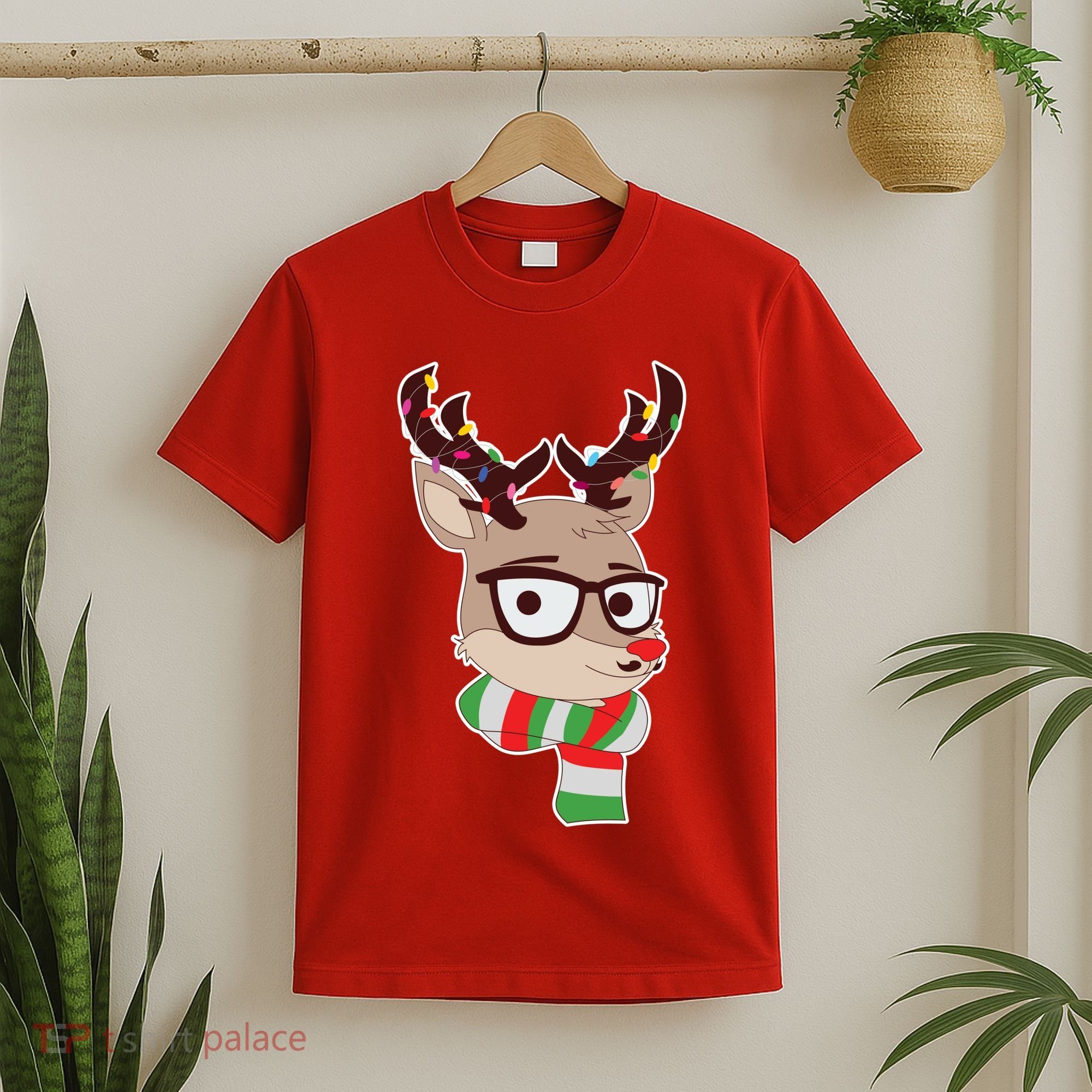 Hipster Red Nose Reindeer Christmas Lights T-Shirt