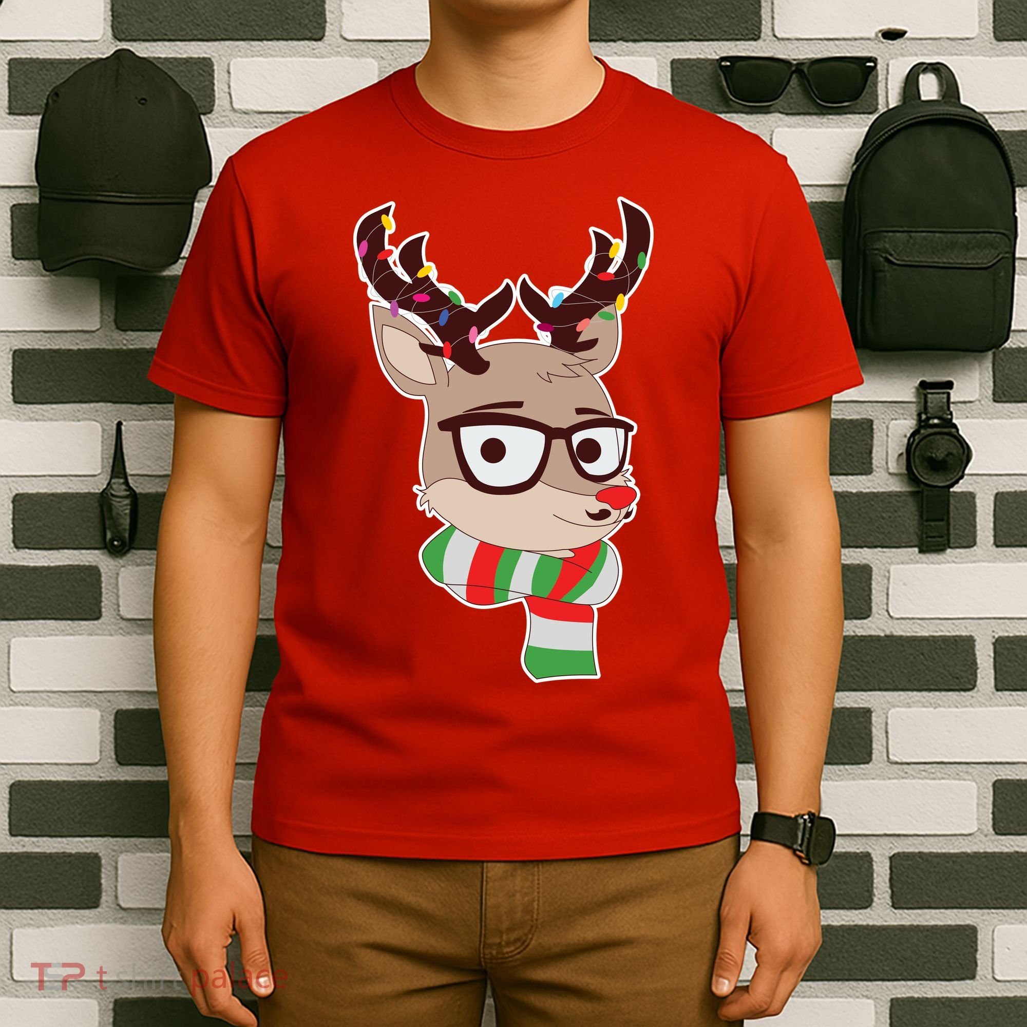 Hipster Red Nose Reindeer Christmas Lights T-Shirt