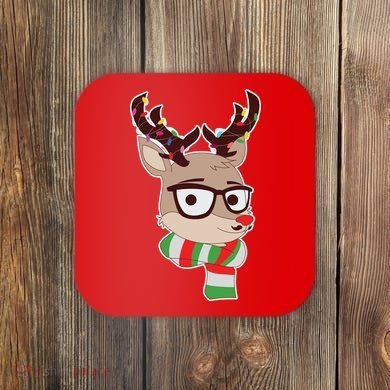Hipster Red Nose Reindeer Christmas Lights Coaster