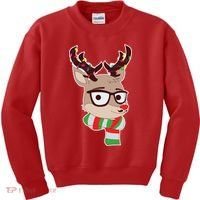 Hipster Red Nose Reindeer Christmas Lights Kids Sweatshirt thumb 0