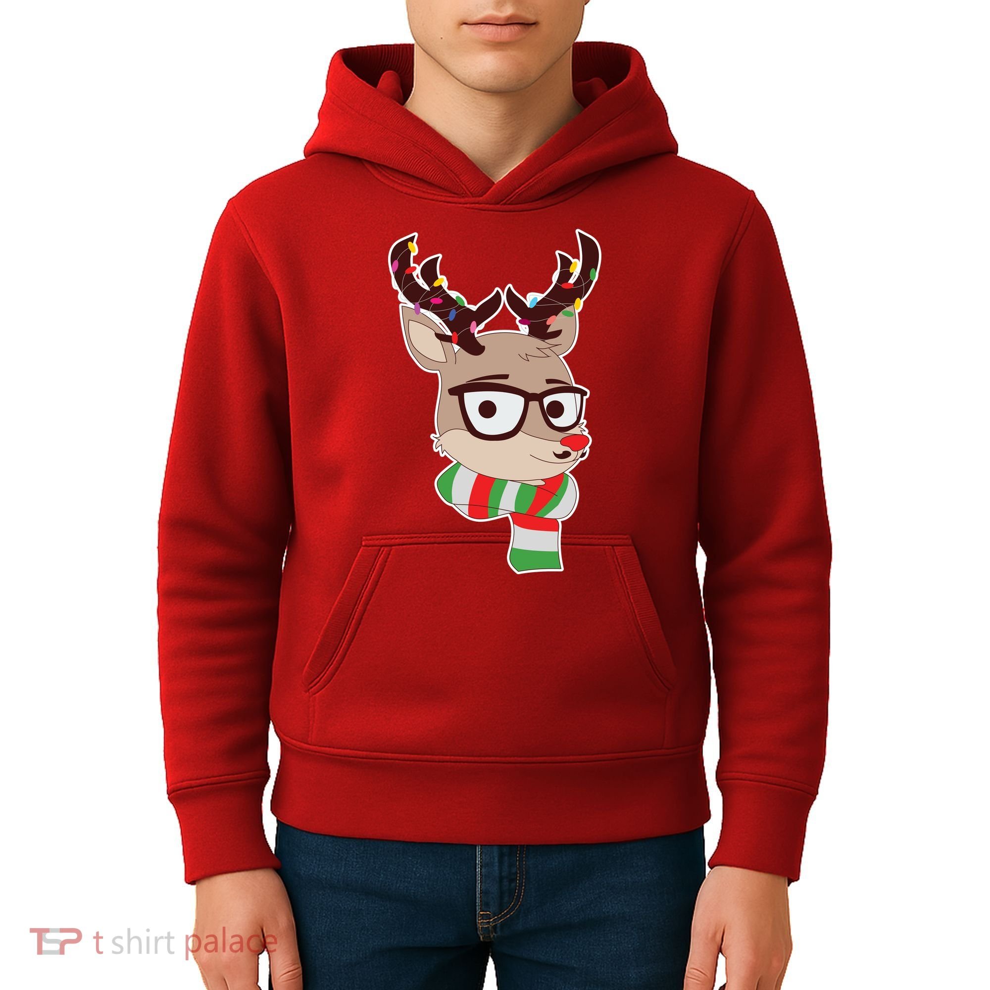 Hipster Red Nose Reindeer Christmas Lights Kids Hoodie