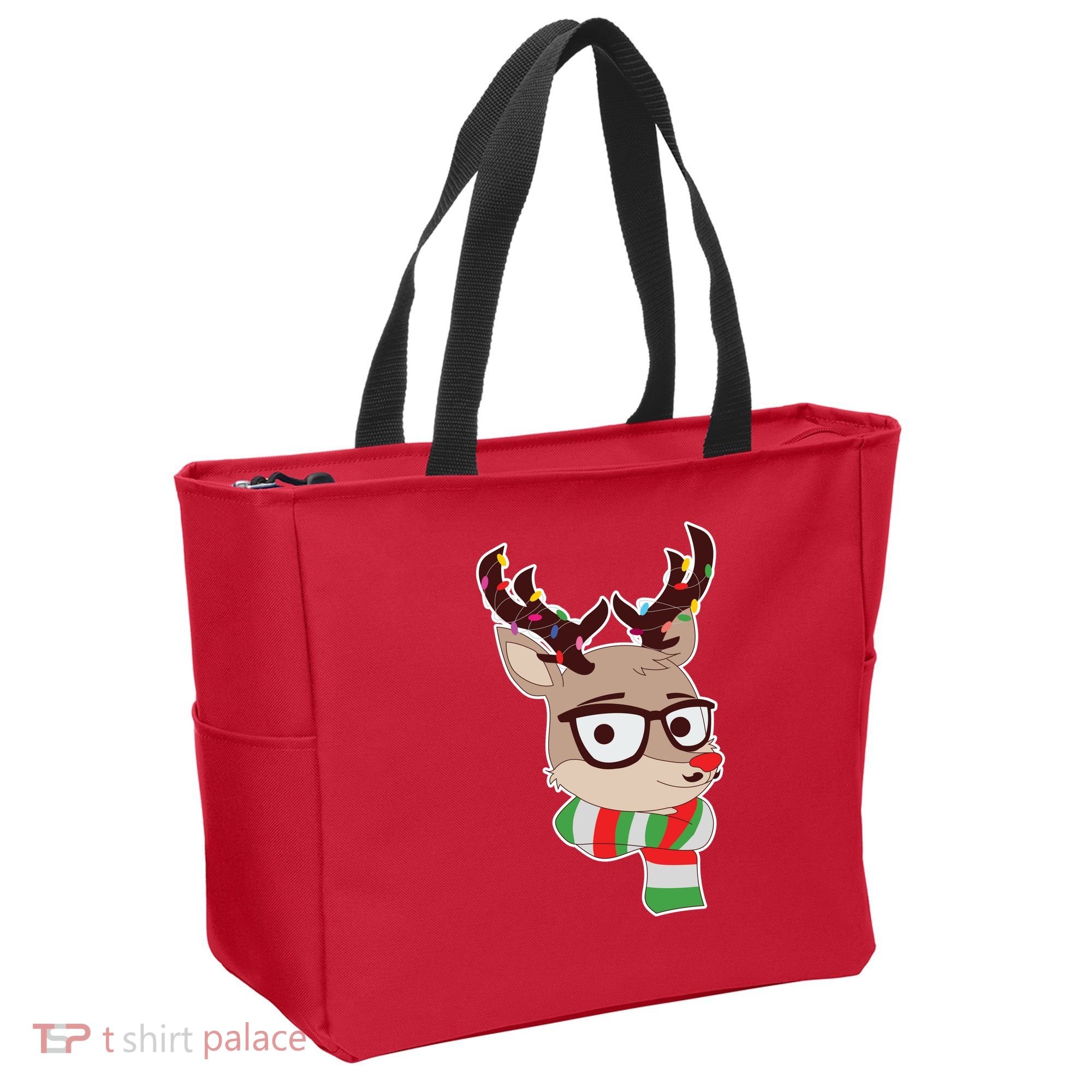 Hipster Red Nose Reindeer Christmas Lights Tote Bag