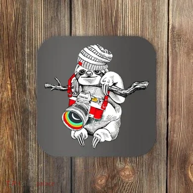 Hipster Sloth With Retro Camera Coaster