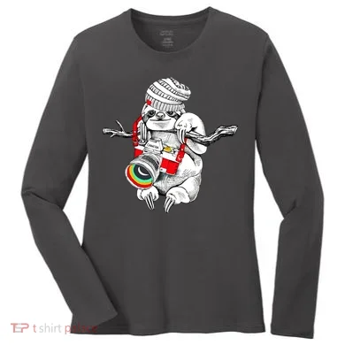 Hipster Sloth With Retro Camera Women's Long Sleeve Shirt