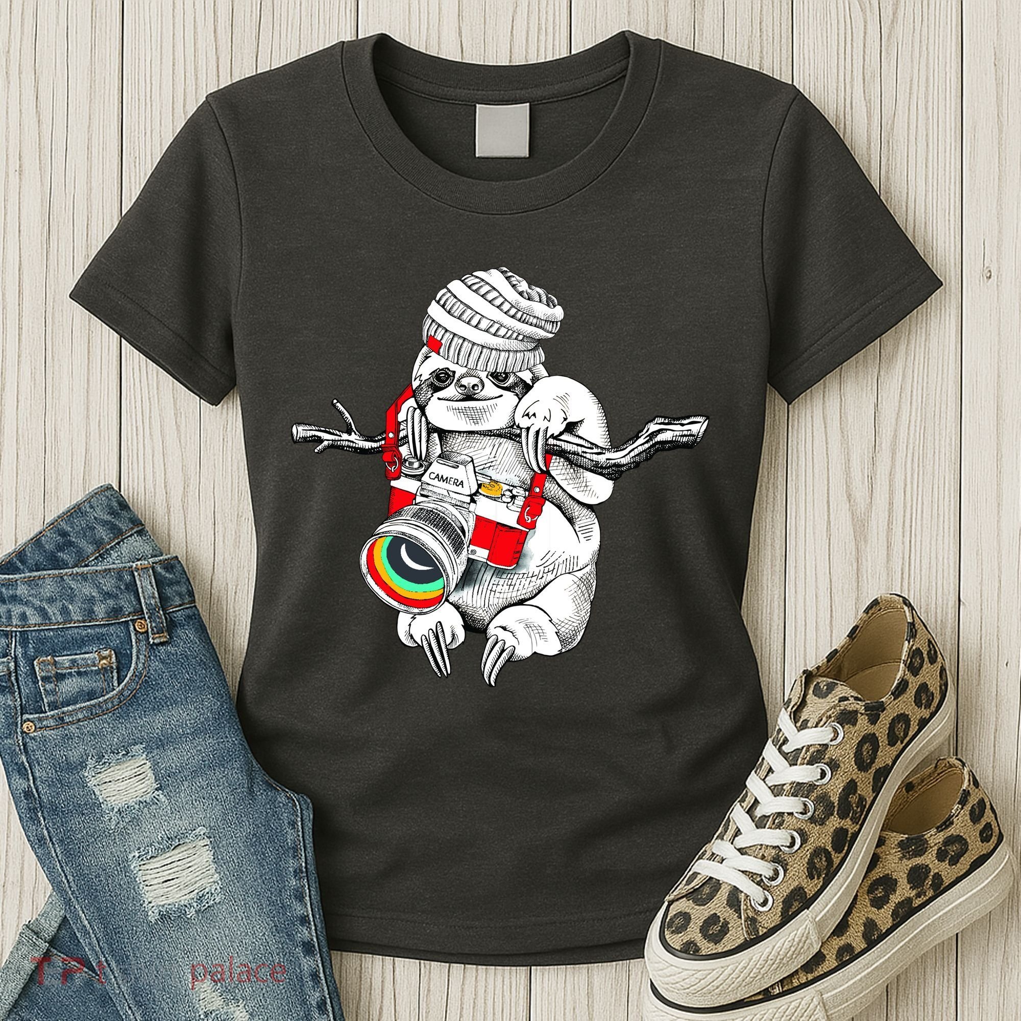 Hipster Sloth With Retro Camera Women's T-Shirt