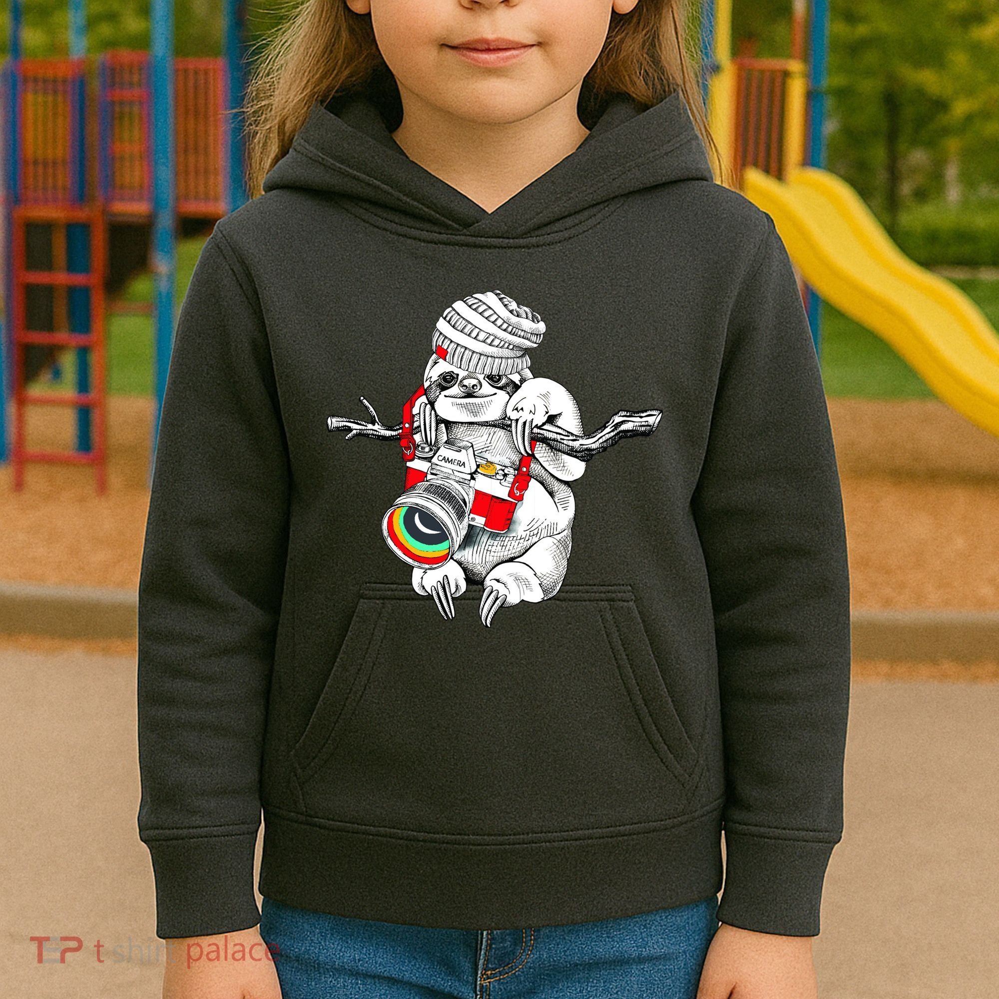 Hipster Sloth With Retro Camera Kids Hoodie