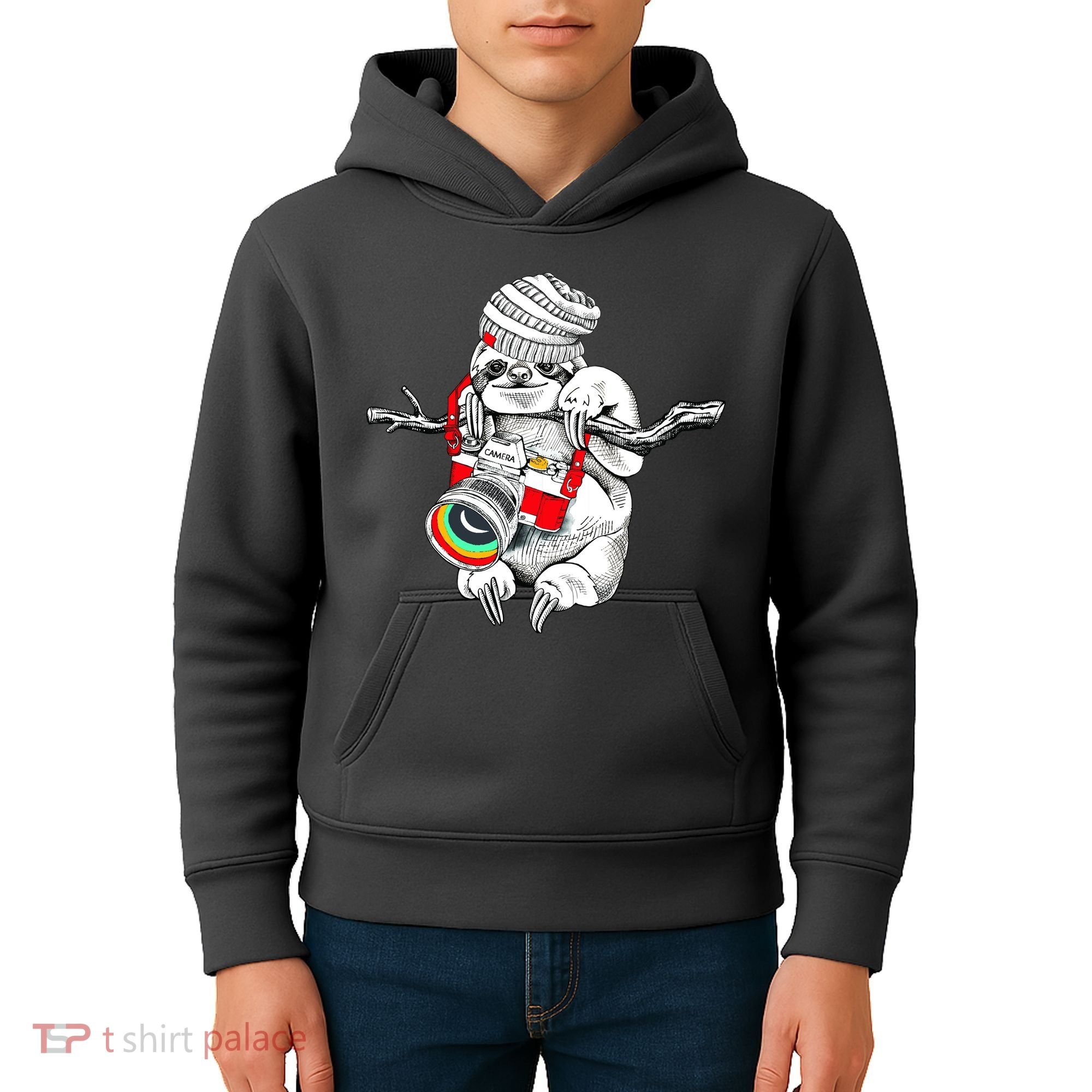 Hipster Sloth With Retro Camera Kids Hoodie