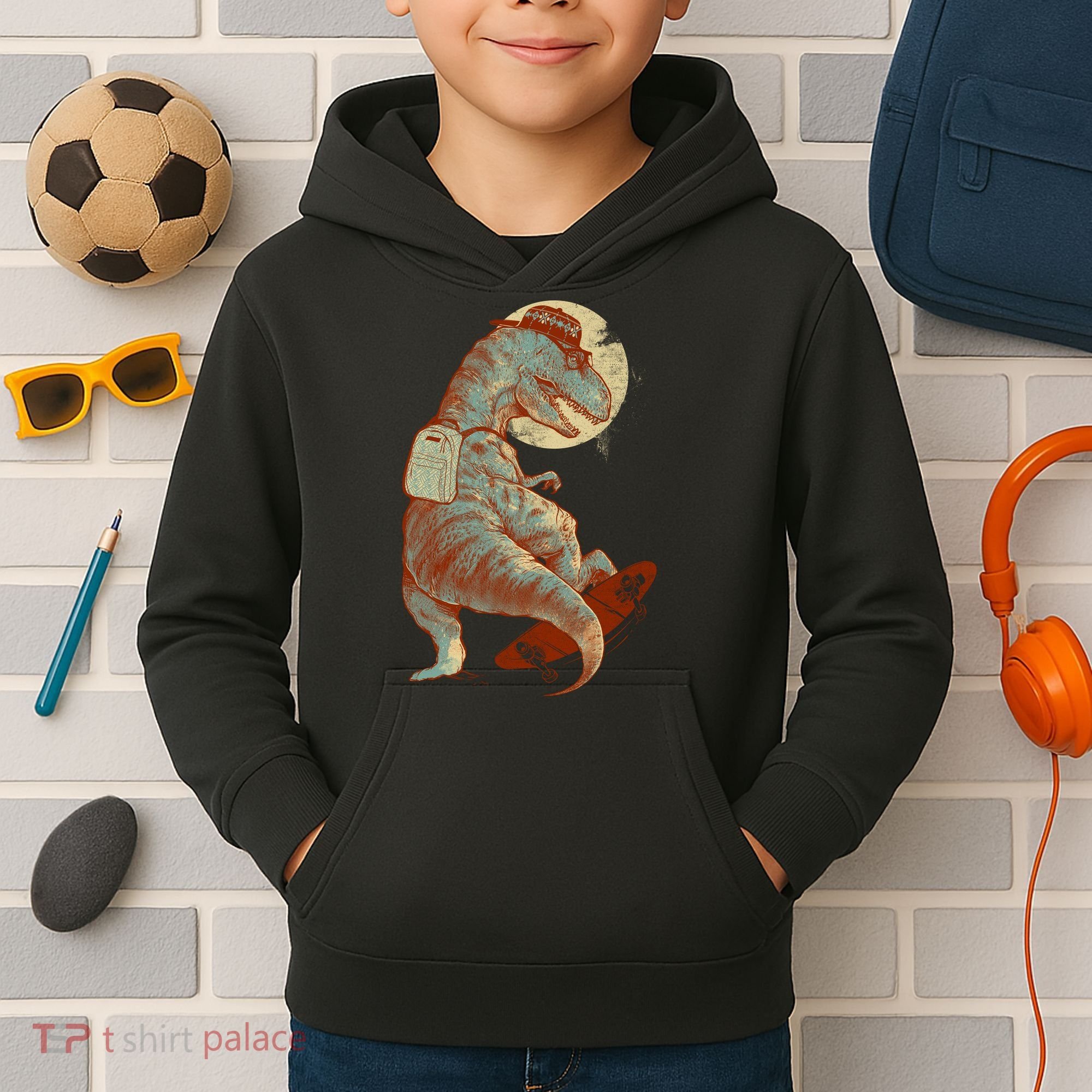 Hipster T-Rex Skateboarding Kids Hoodie