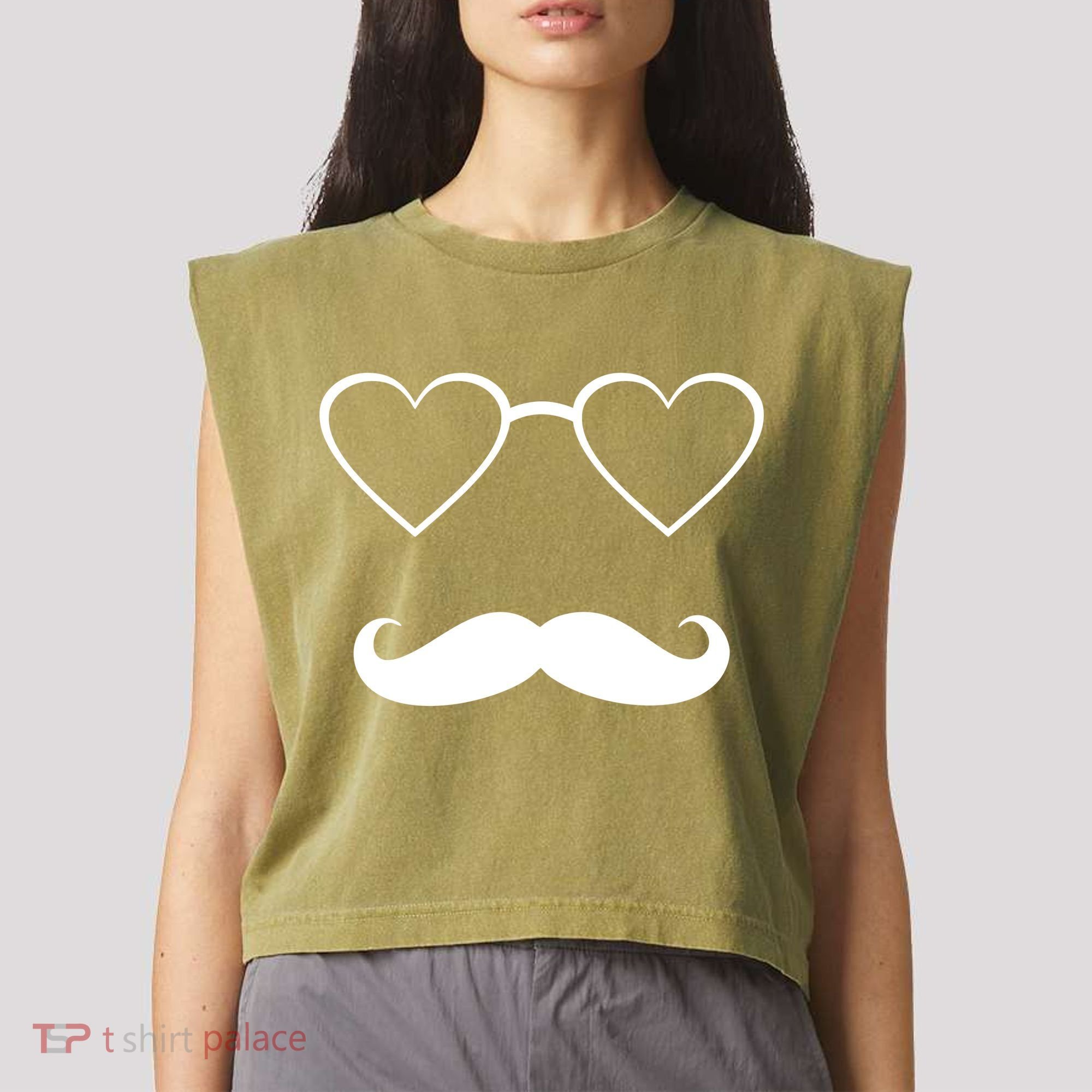 Hipster Valentine's Day Heart Glasses w/ Mustache Garment-Dyed Women's Muscle Tee