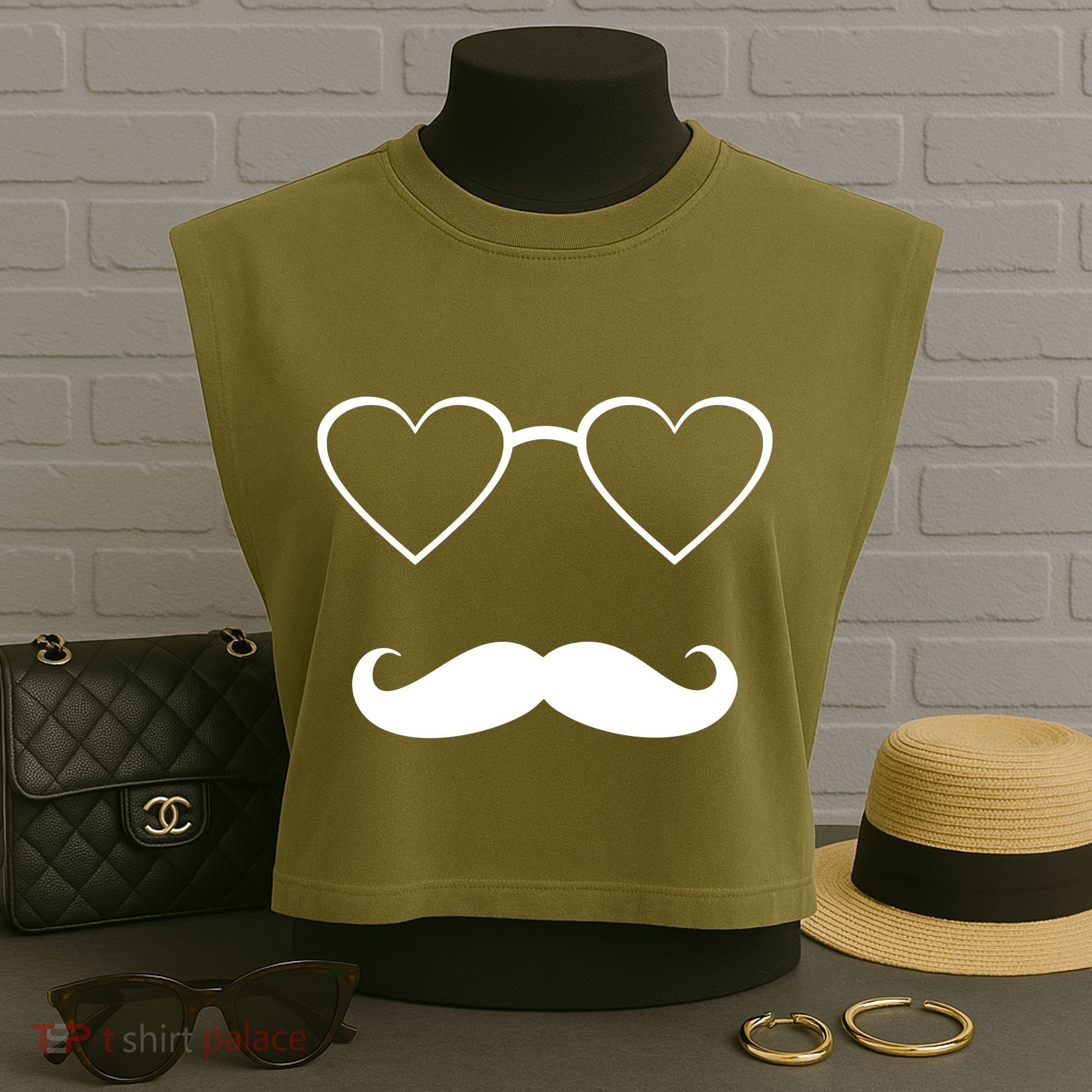 Hipster Valentine's Day Heart Glasses w/ Mustache Garment-Dyed Women's Muscle Tee