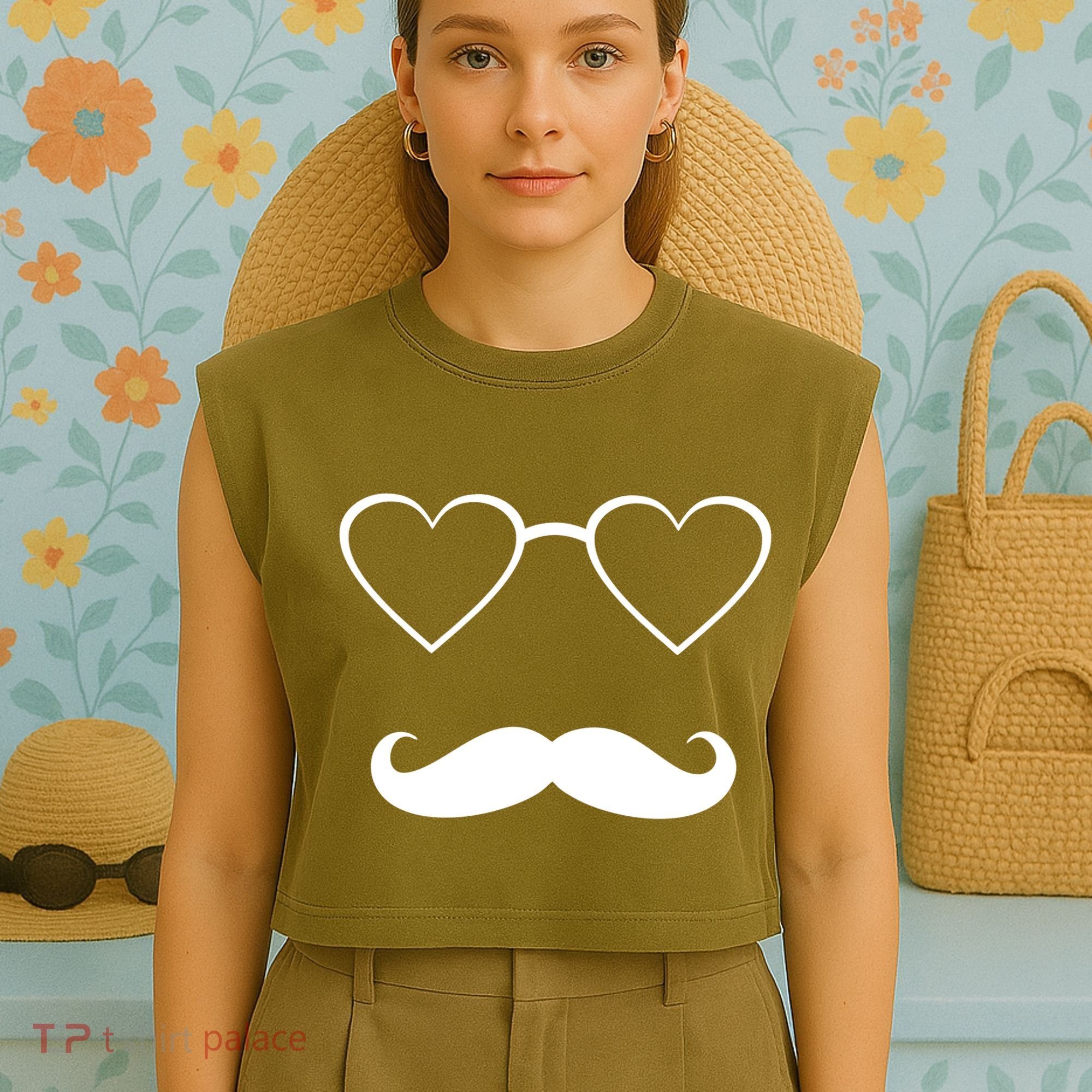 Hipster Valentine's Day Heart Glasses w/ Mustache Garment-Dyed Women's Muscle Tee
