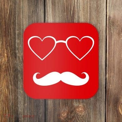 Hipster Valentine's Day Heart Glasses w/ Mustache Coaster
