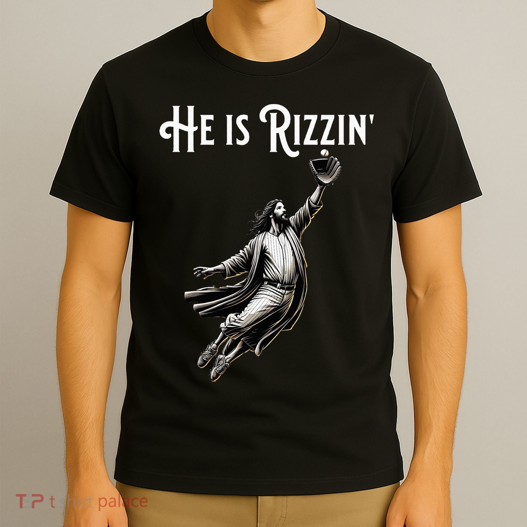 He Is Rizzin Jesus Playing Baseball Funny Sports Rizz T-Shirt