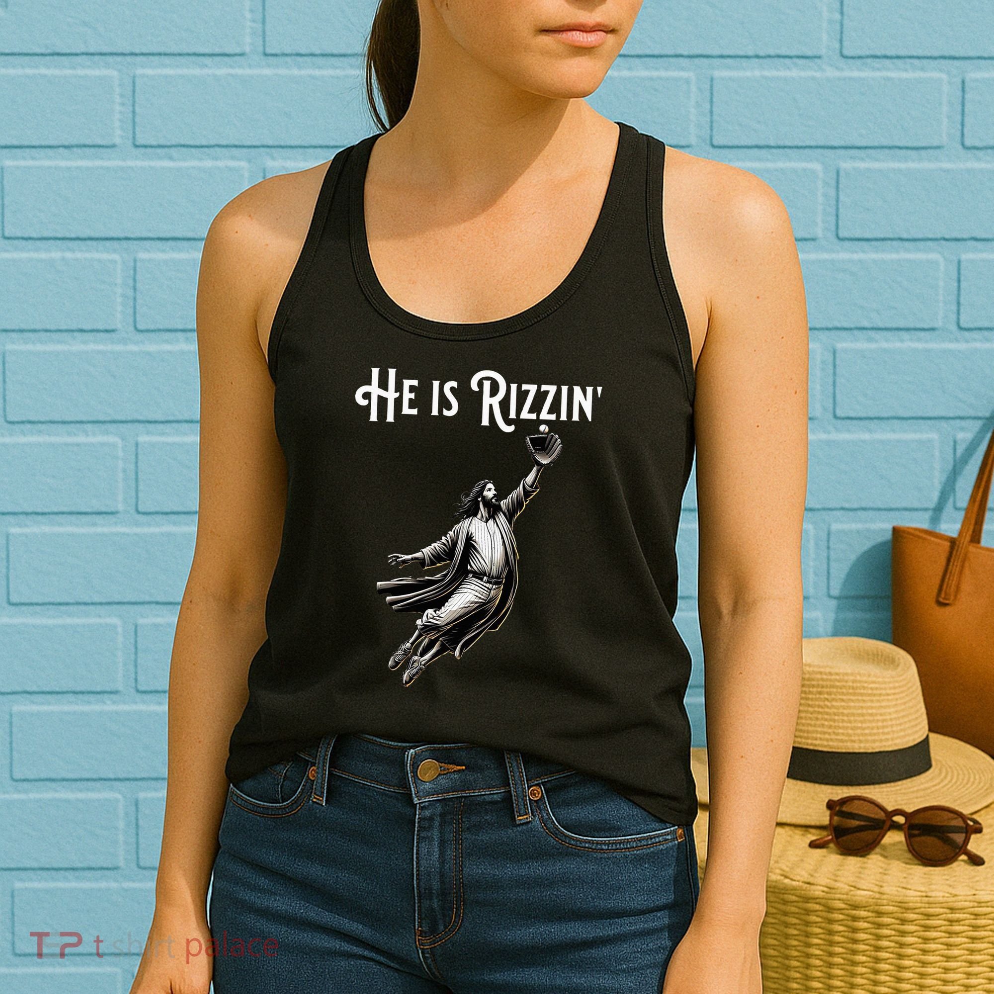 He Is Rizzin Jesus Playing Baseball Funny Sports Rizz Women's Tank Top