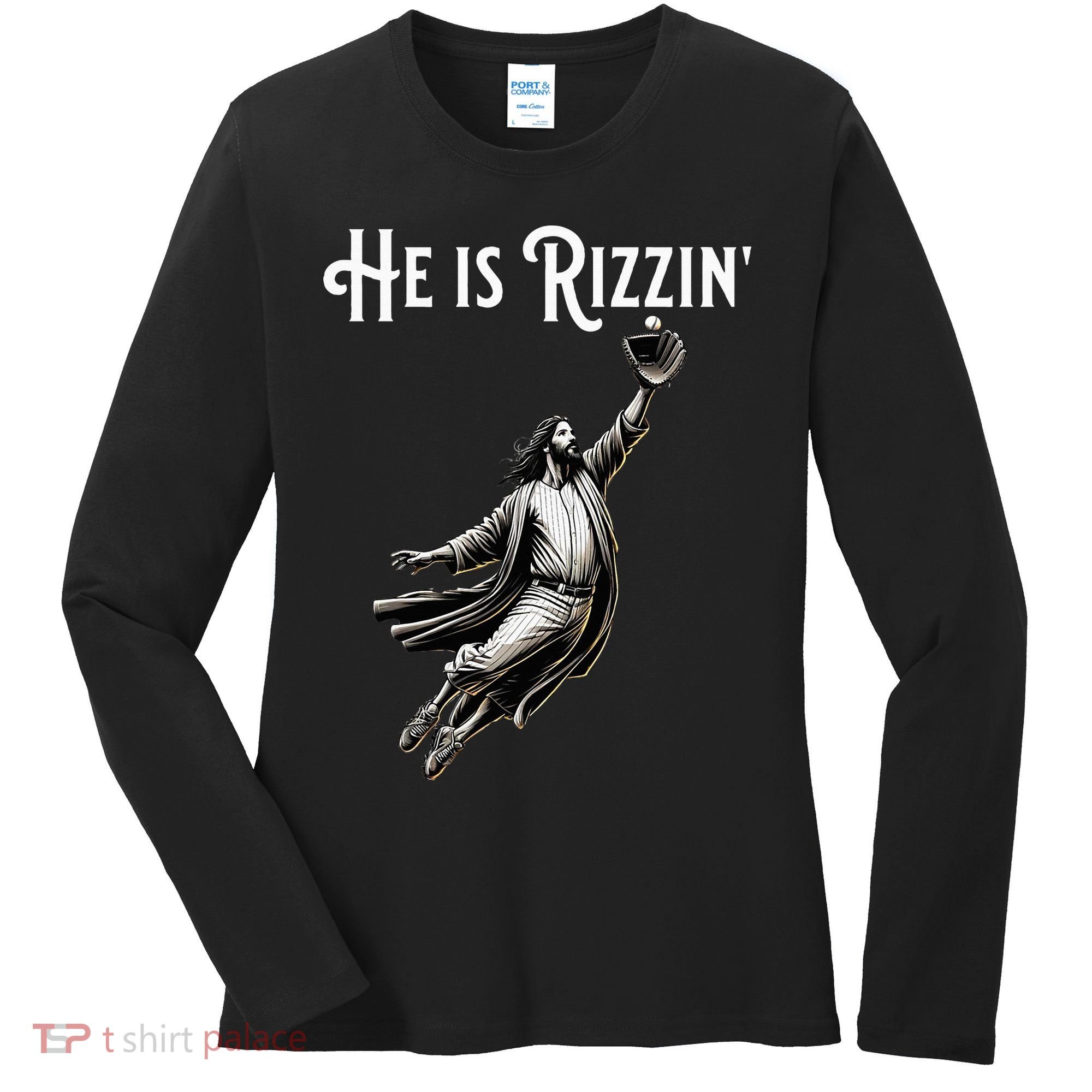 He Is Rizzin Jesus Playing Baseball Funny Sports Rizz Women's Long Sleeve Shirt