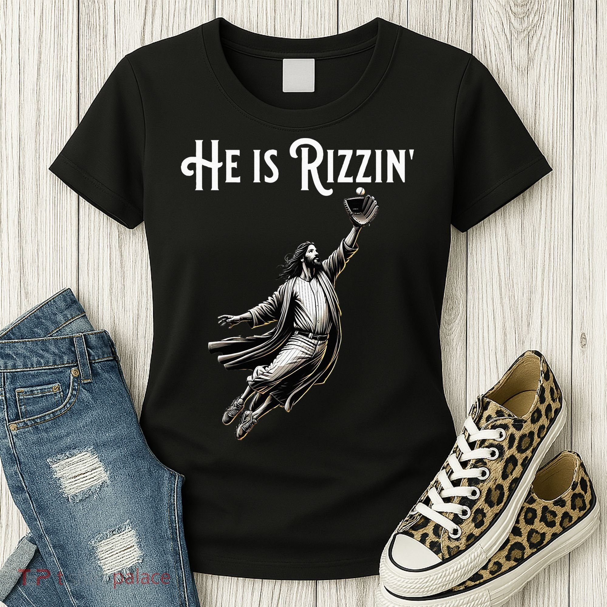 He Is Rizzin Jesus Playing Baseball Funny Sports Rizz Women's T-Shirt