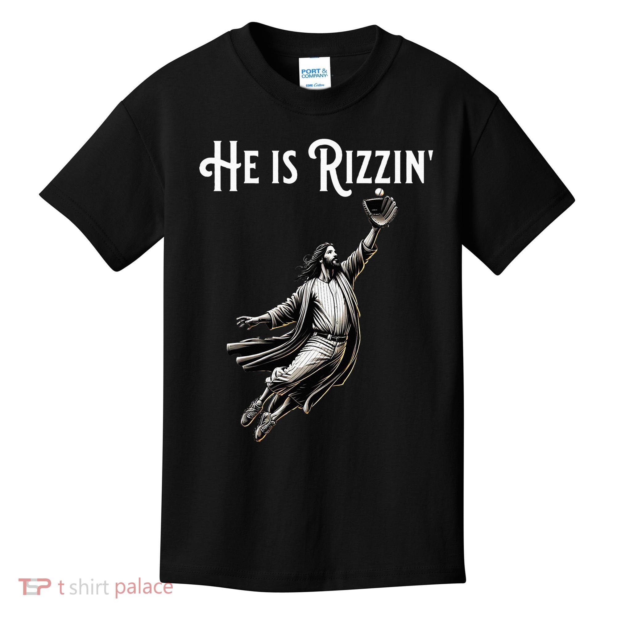 He Is Rizzin Jesus Playing Baseball Funny Sports Rizz Kids T-Shirt