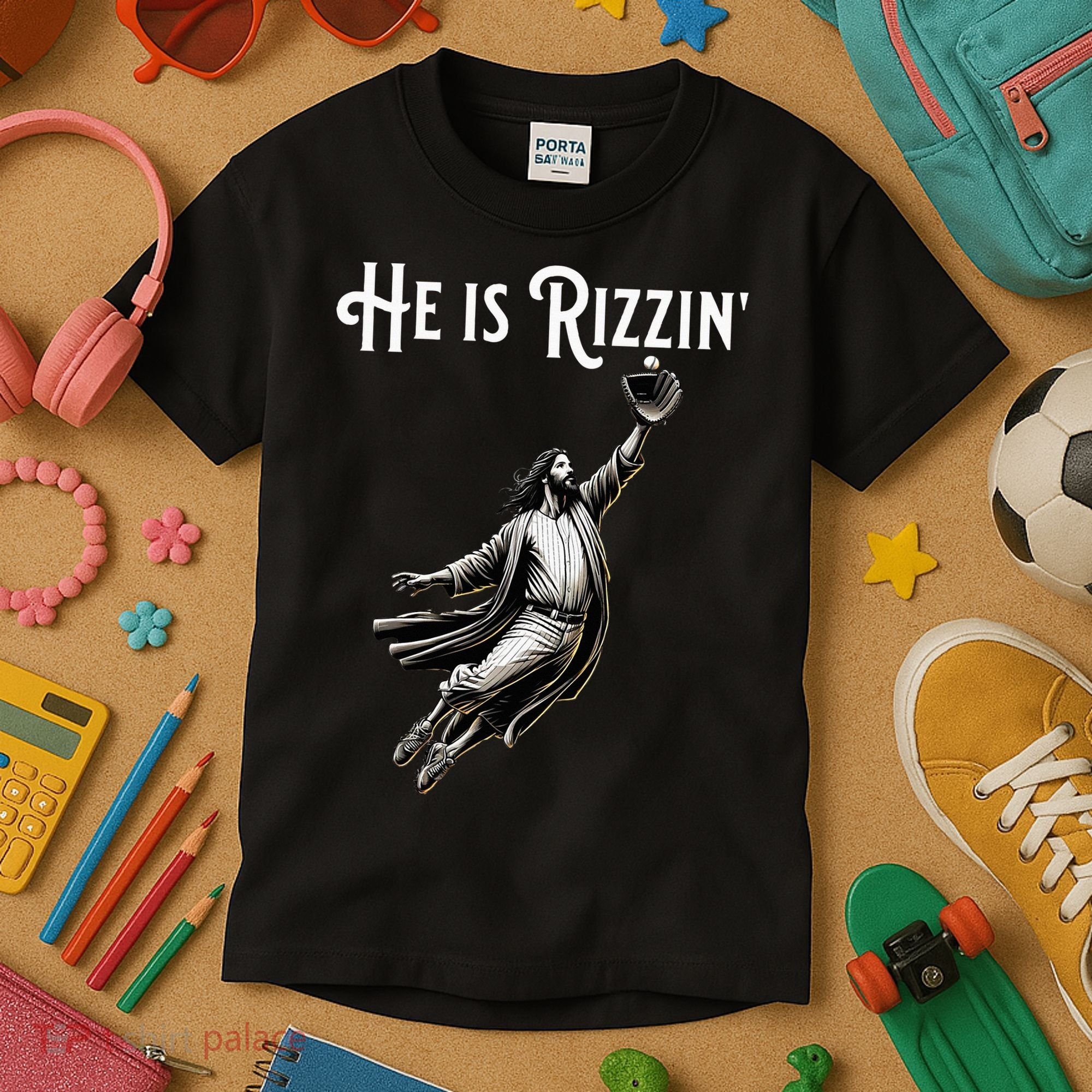 He Is Rizzin Jesus Playing Baseball Funny Sports Rizz Kids T-Shirt