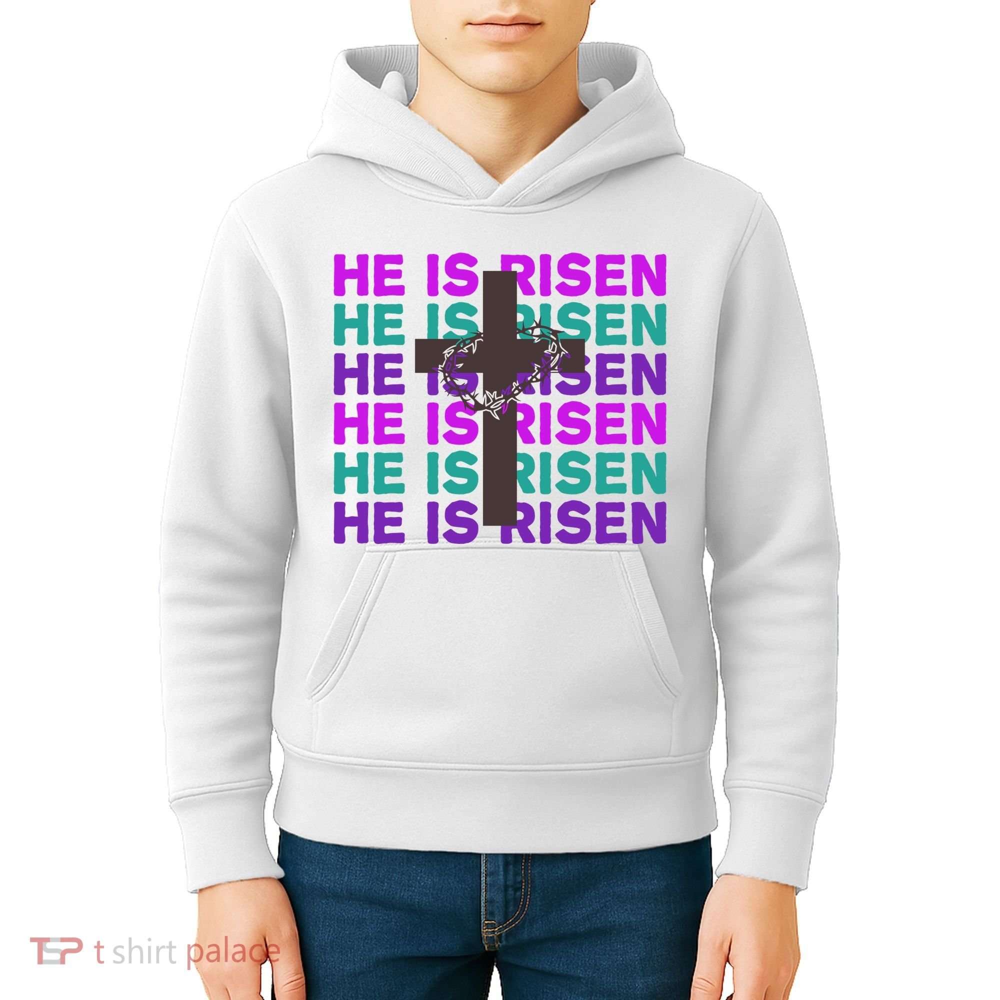 He Is Risen Retro Cross Easter Kids Hoodie