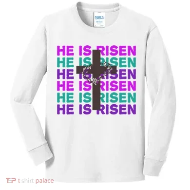 He Is Risen Retro Cross Easter Kids Long Sleeve Shirt