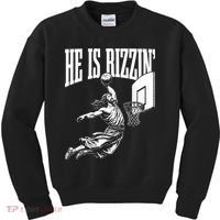 He Is Rizzin Funny Jesus Basketball Meme Kids Sweatshirt thumb 0