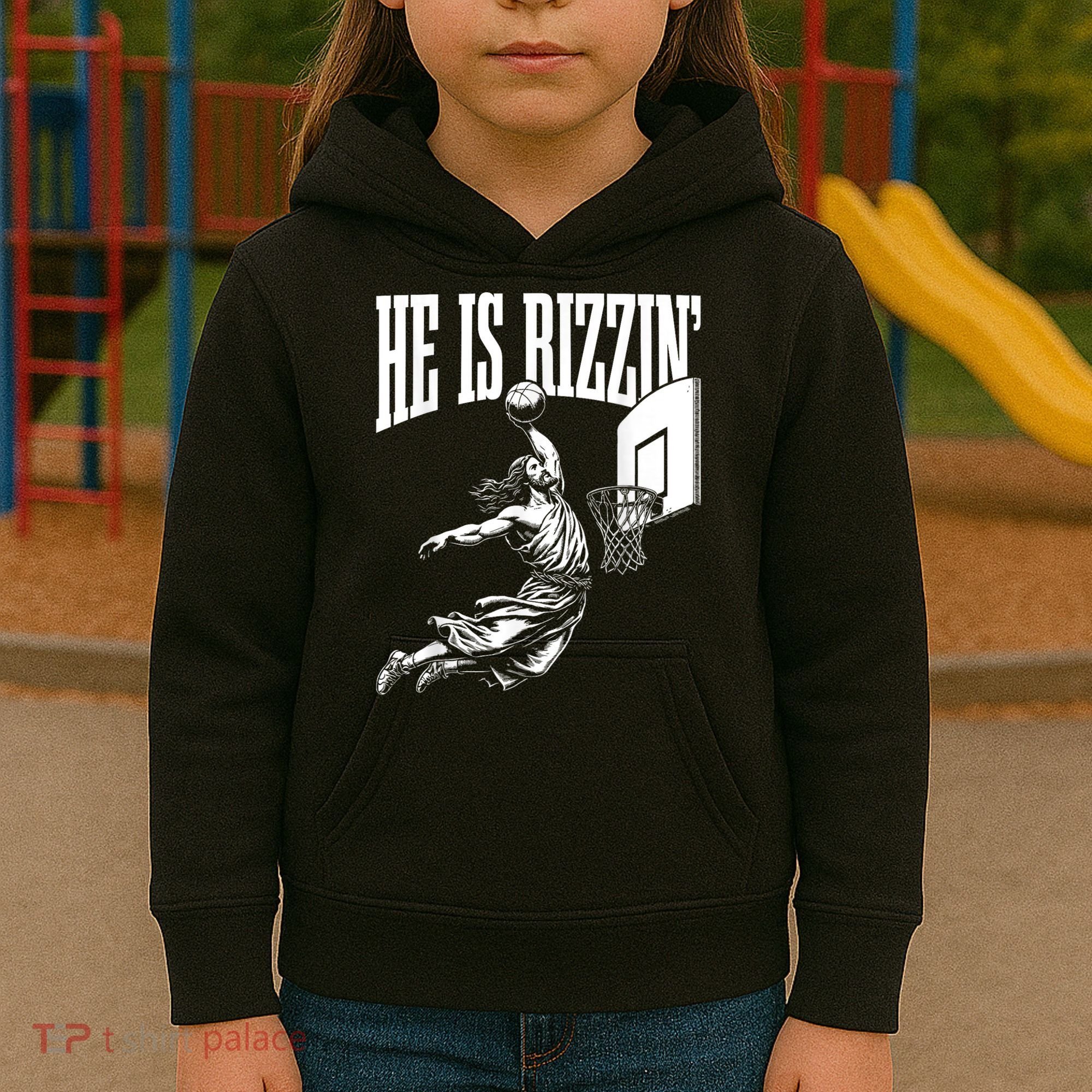 He Is Rizzin Funny Jesus Basketball Meme Kids Hoodie