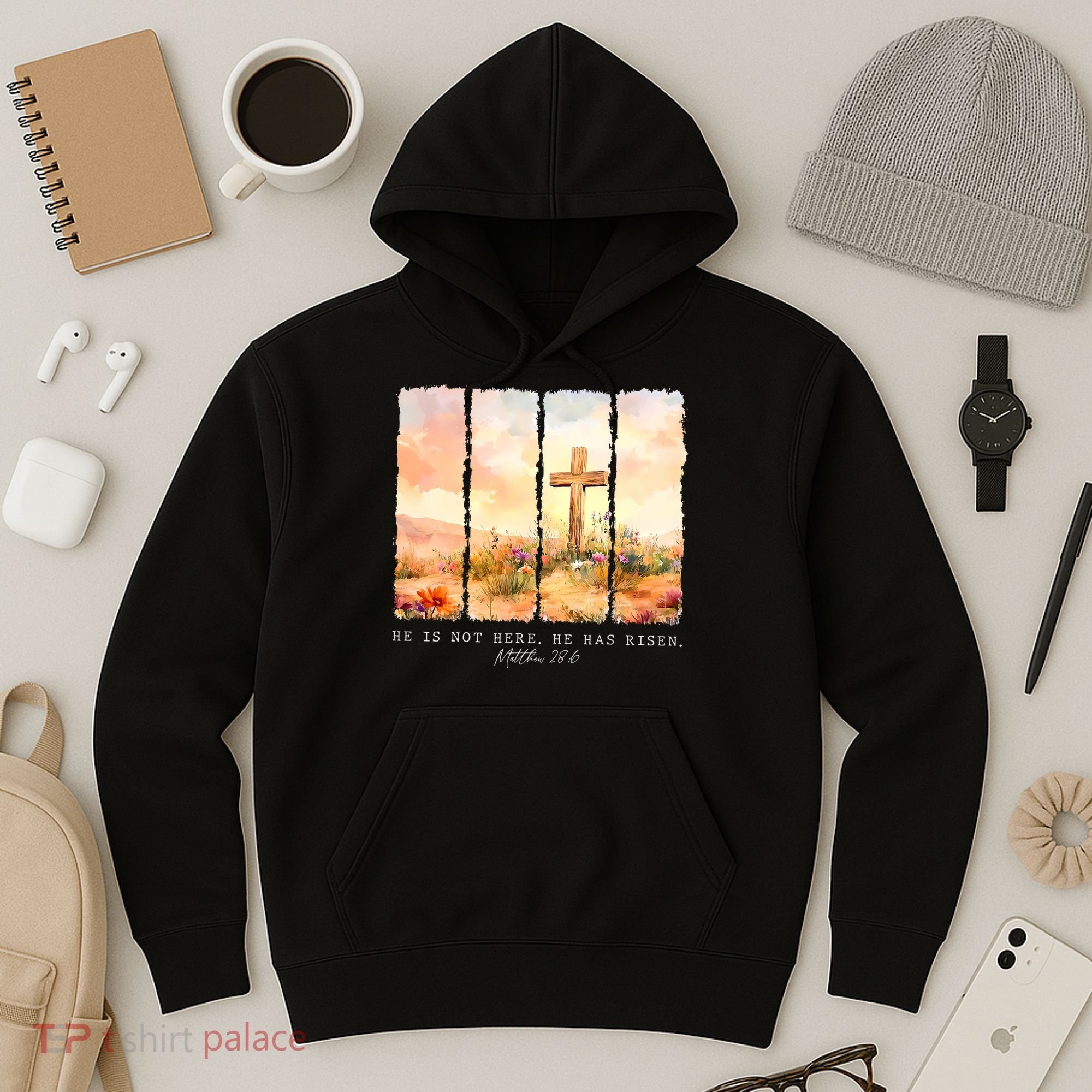 He Is Risen Christian Wildflower Happy Easter Hoodie