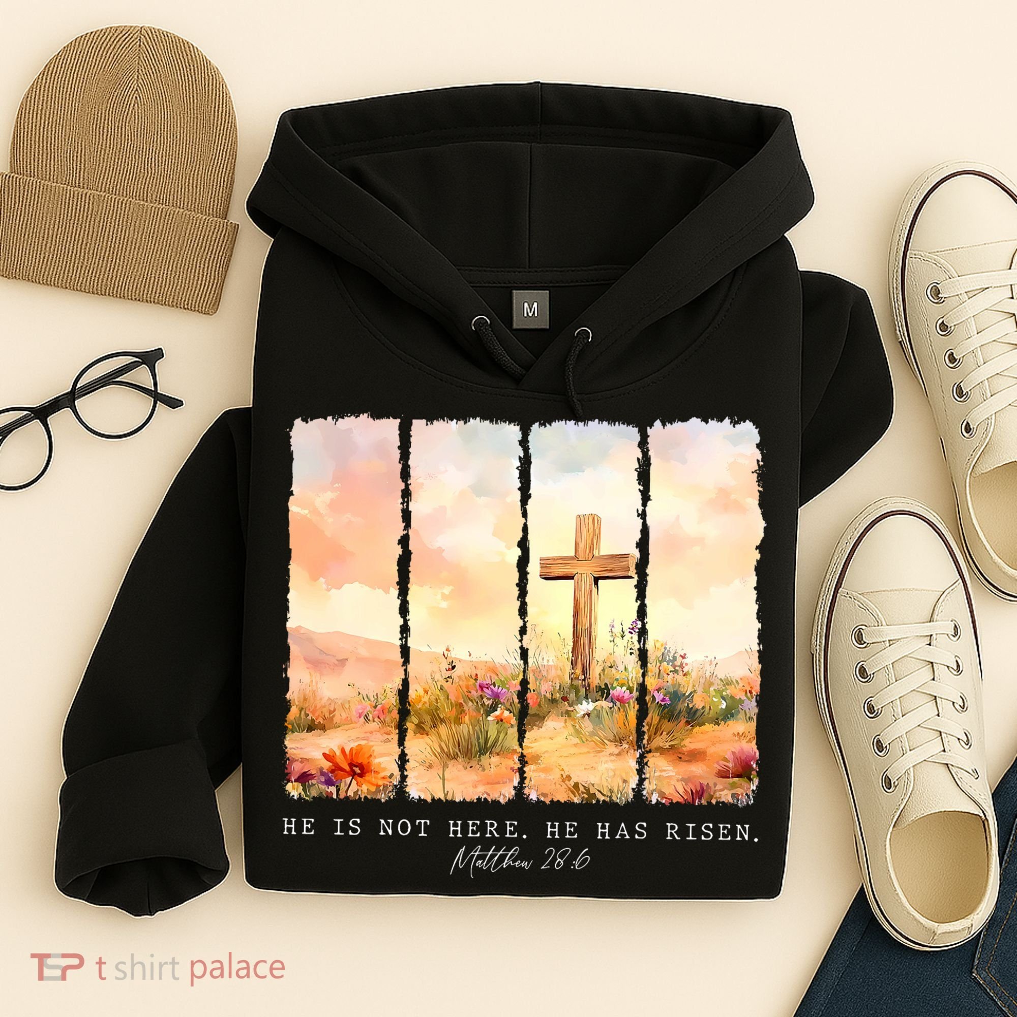 He Is Risen Christian Wildflower Happy Easter Hoodie
