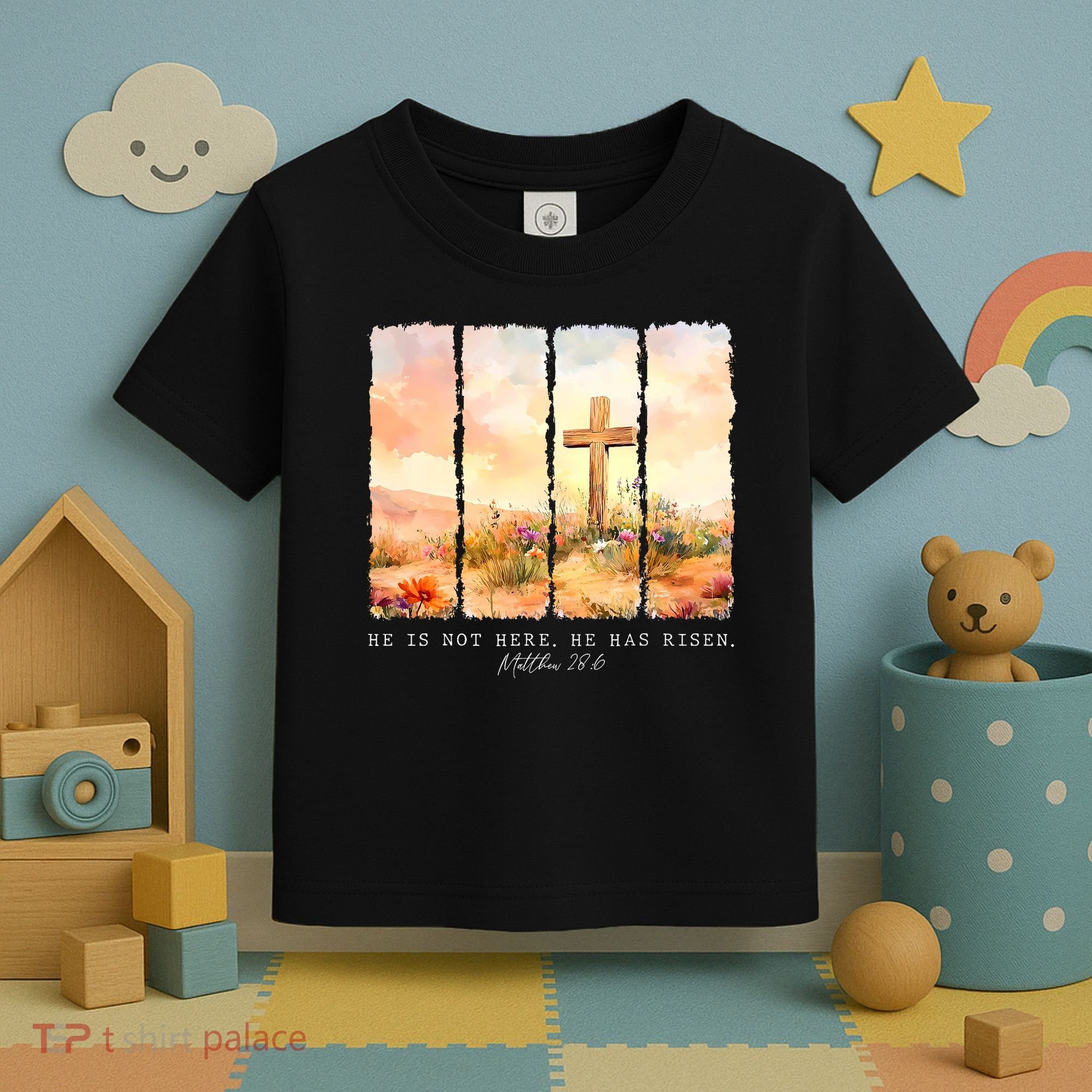 He Is Risen Christian Wildflower Happy Easter Toddler T-Shirt