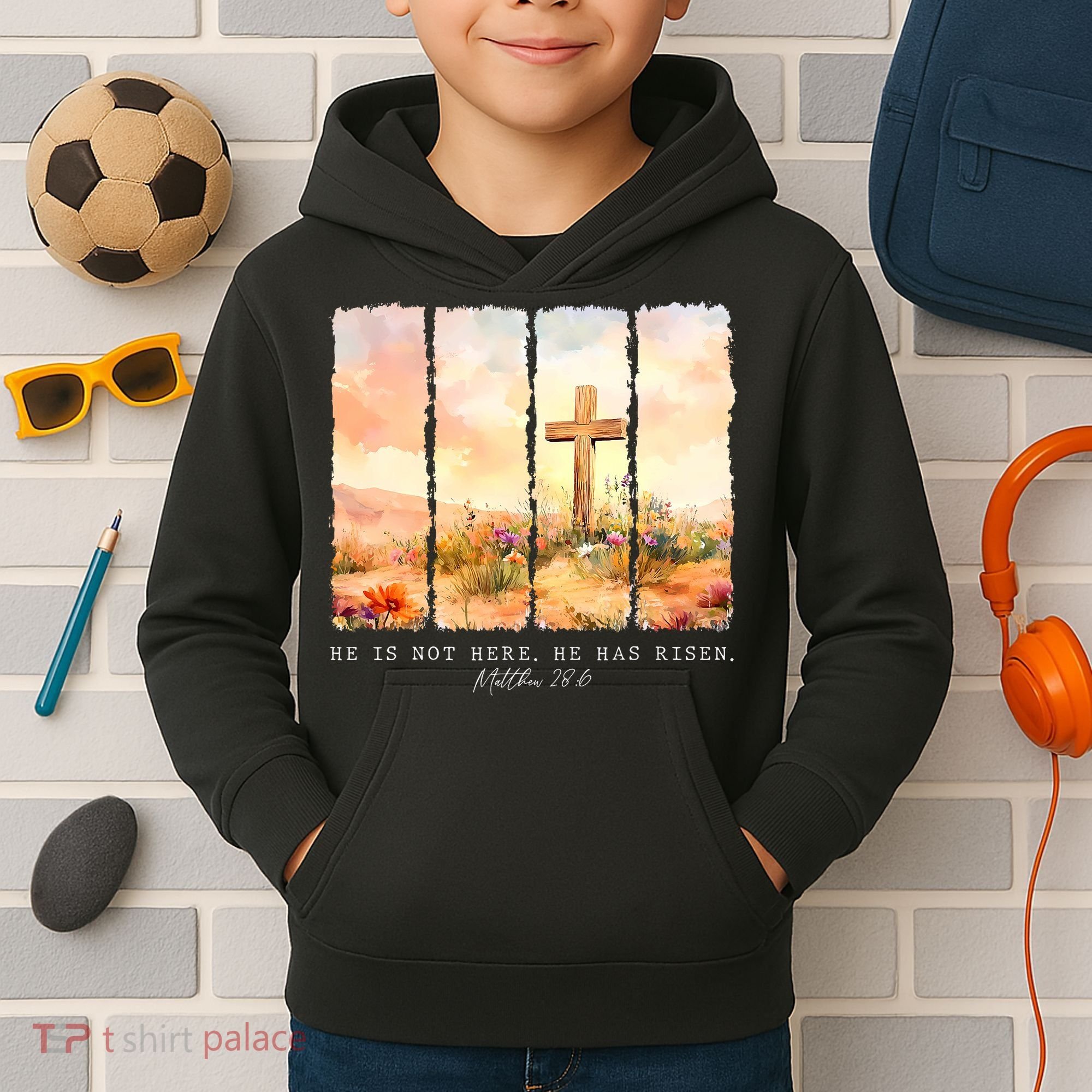 He Is Risen Christian Wildflower Happy Easter Kids Hoodie
