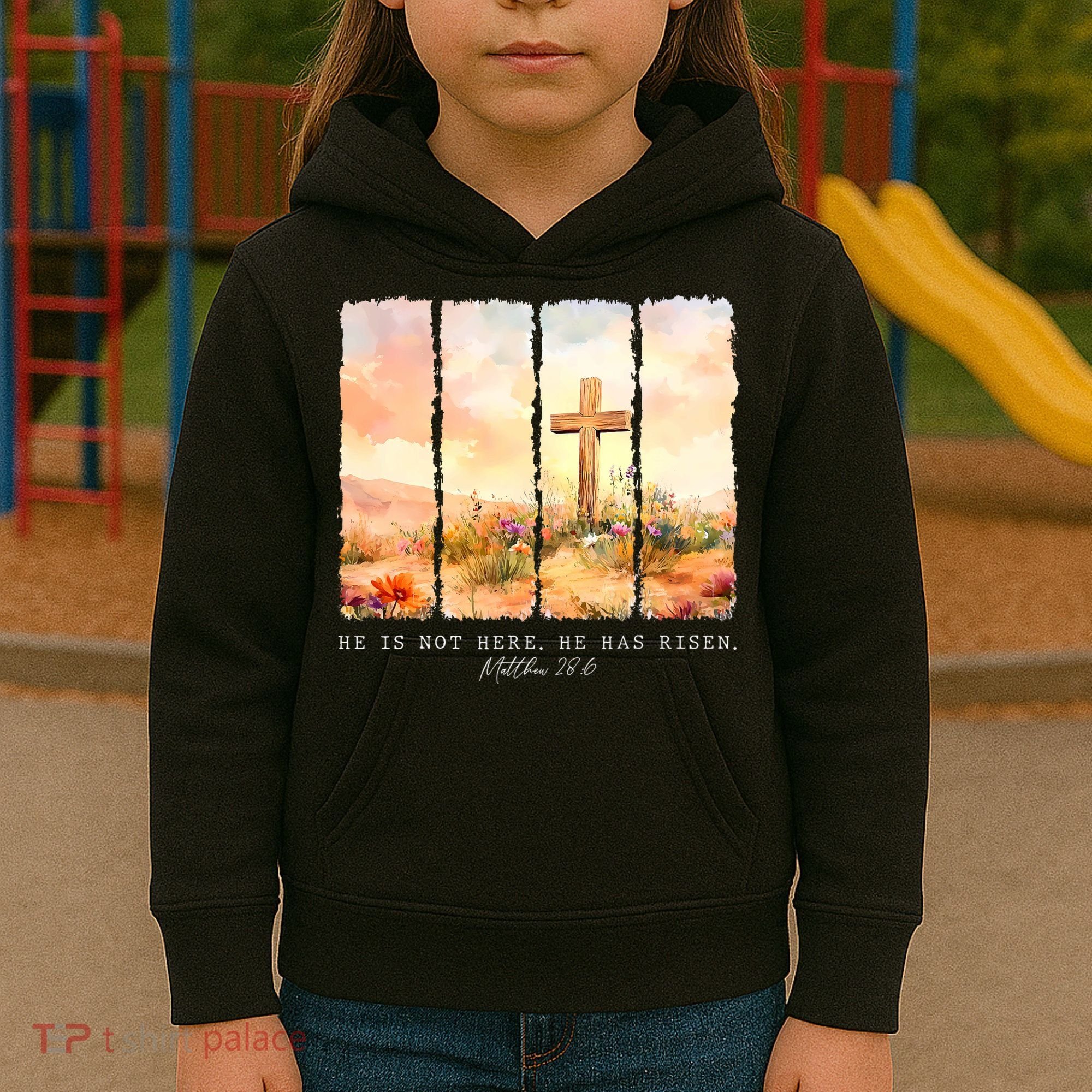 He Is Risen Christian Wildflower Happy Easter Kids Hoodie