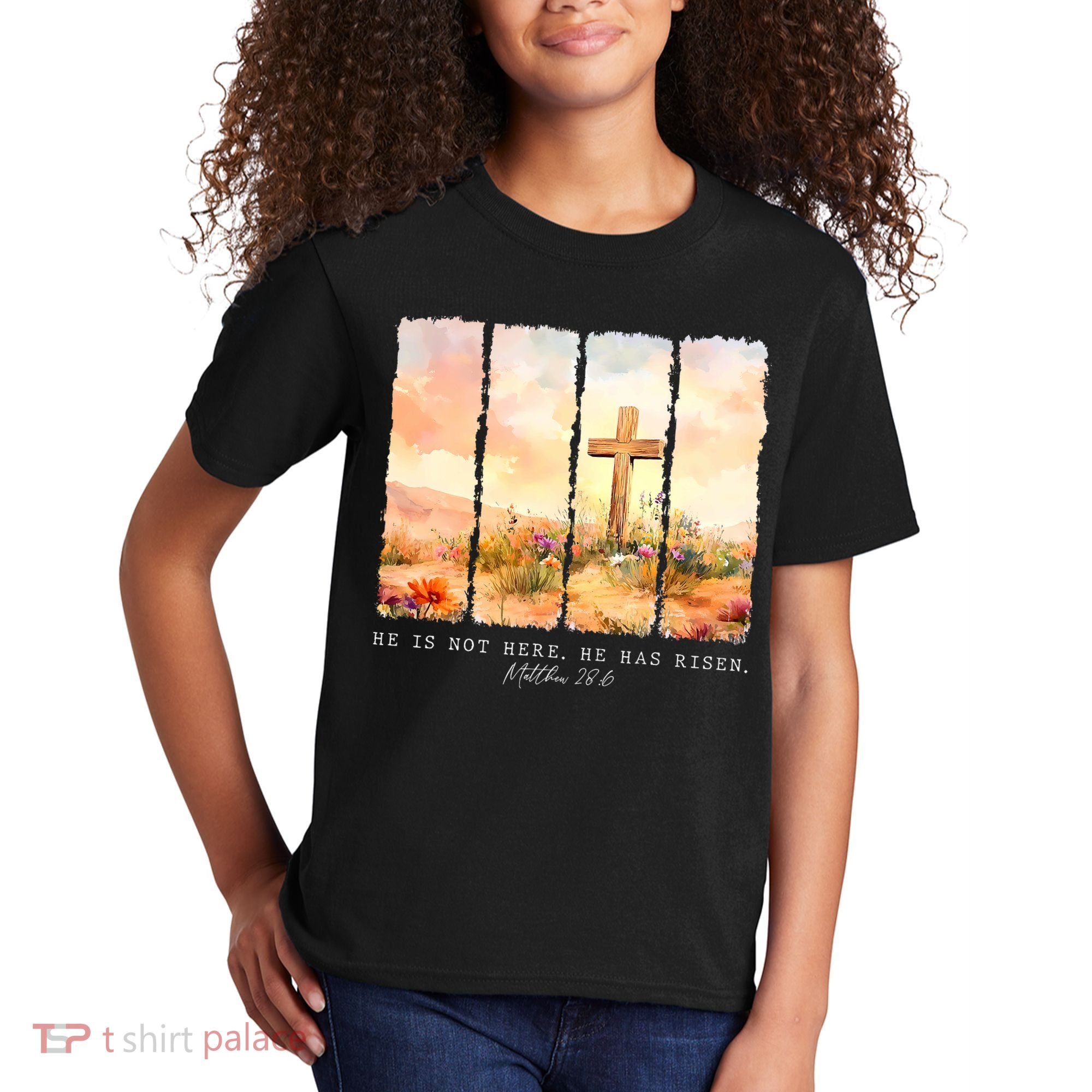 He Is Risen Christian Wildflower Happy Easter Kids T-Shirt